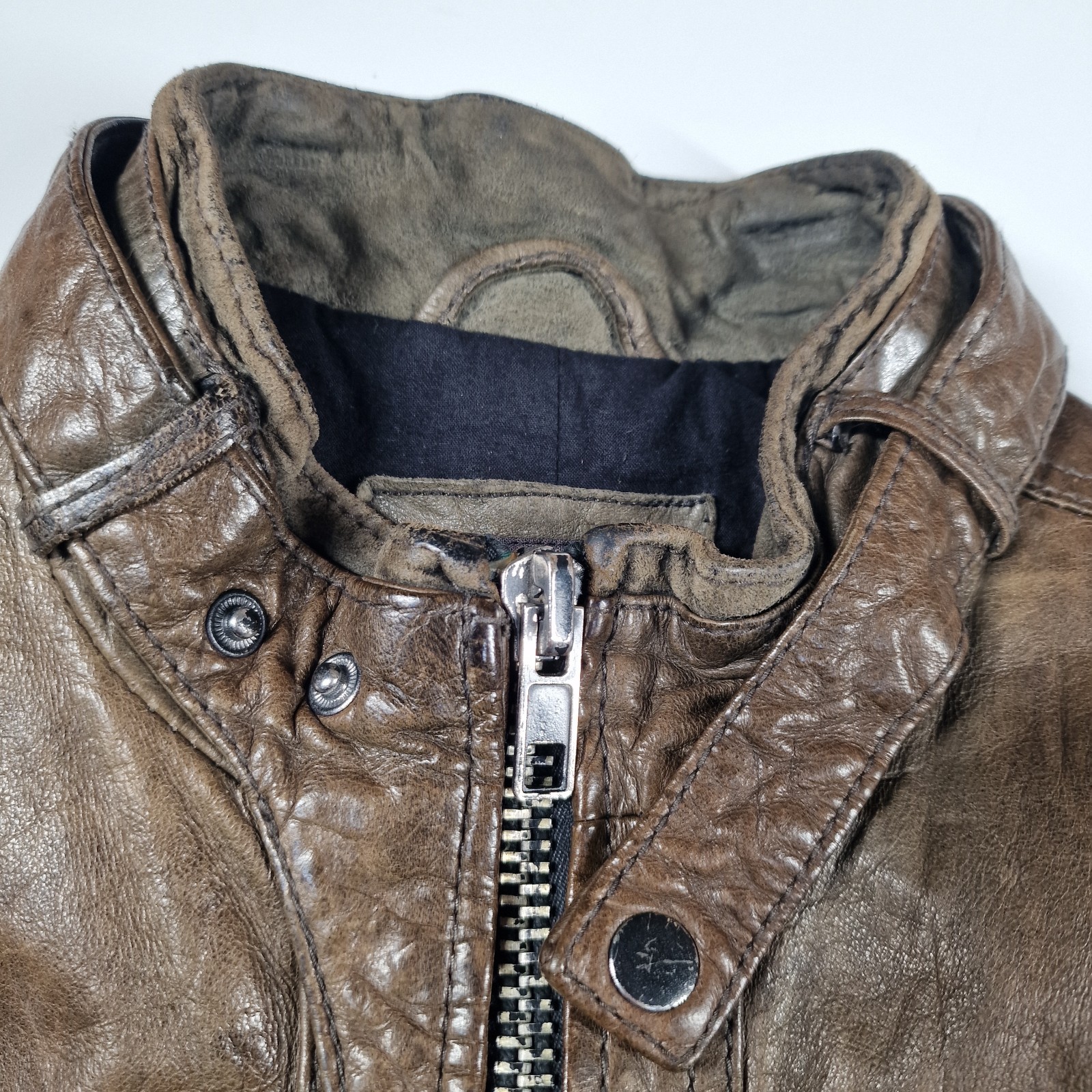 AllSaints Spitalfields Brown Distressed Leather Biker Jacket Mens Medium Pockets