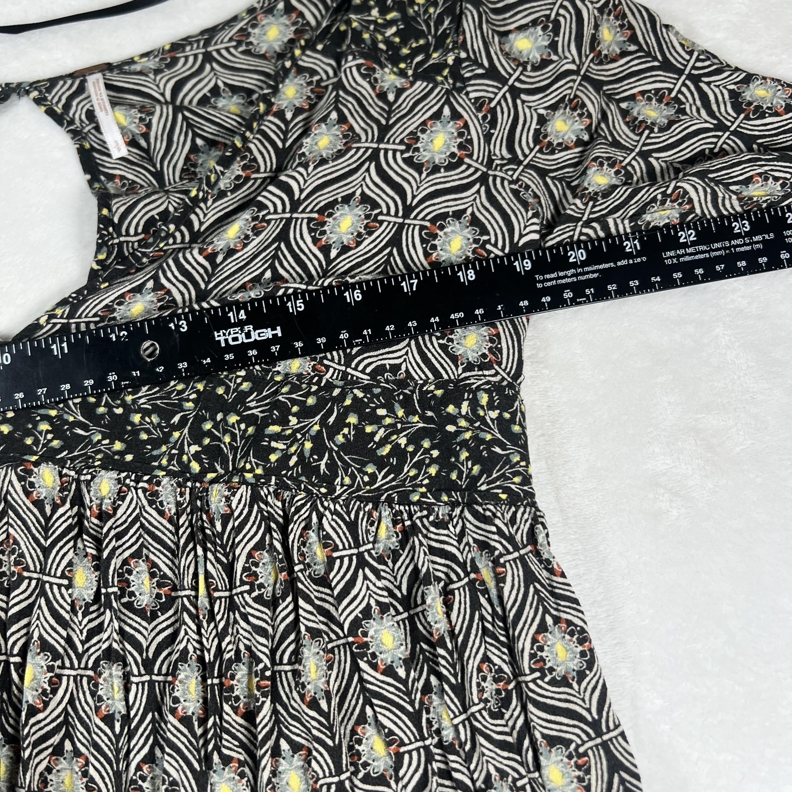 Free People Boho Tunic Womens Small Black Print Long Sleeve Keyhole Top