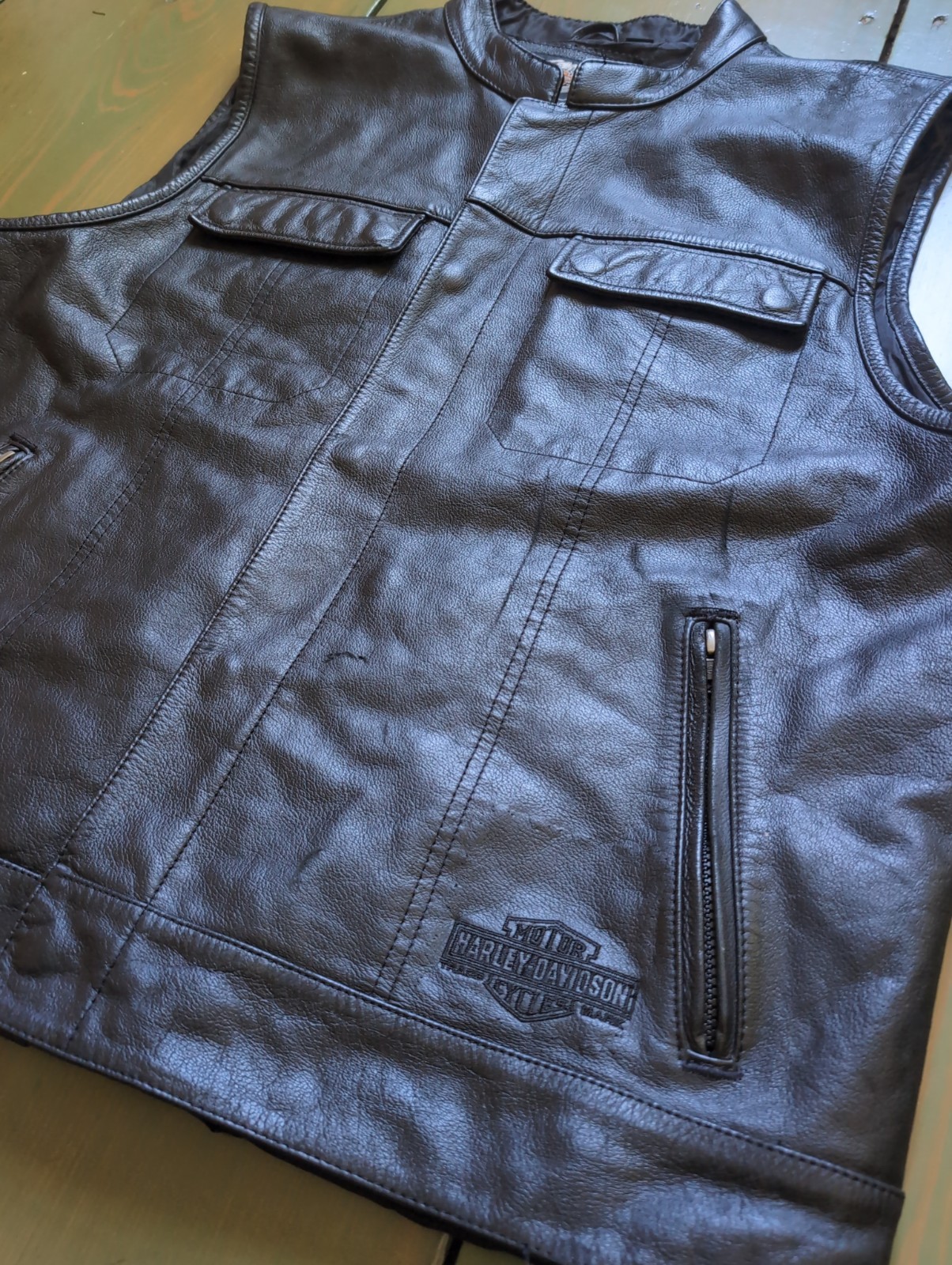 Harley Davidson 2XL Men’s FOSTER Black Leather Motorcycle Vest **READ