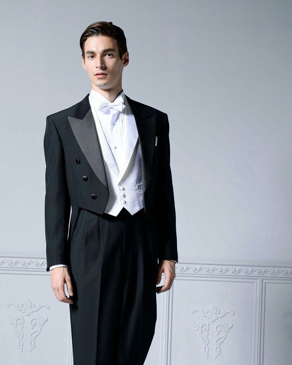3Pcs Men’s Suits Black Formal Dinner Party Tailcoat Wide Peak Lapel Long Jacket