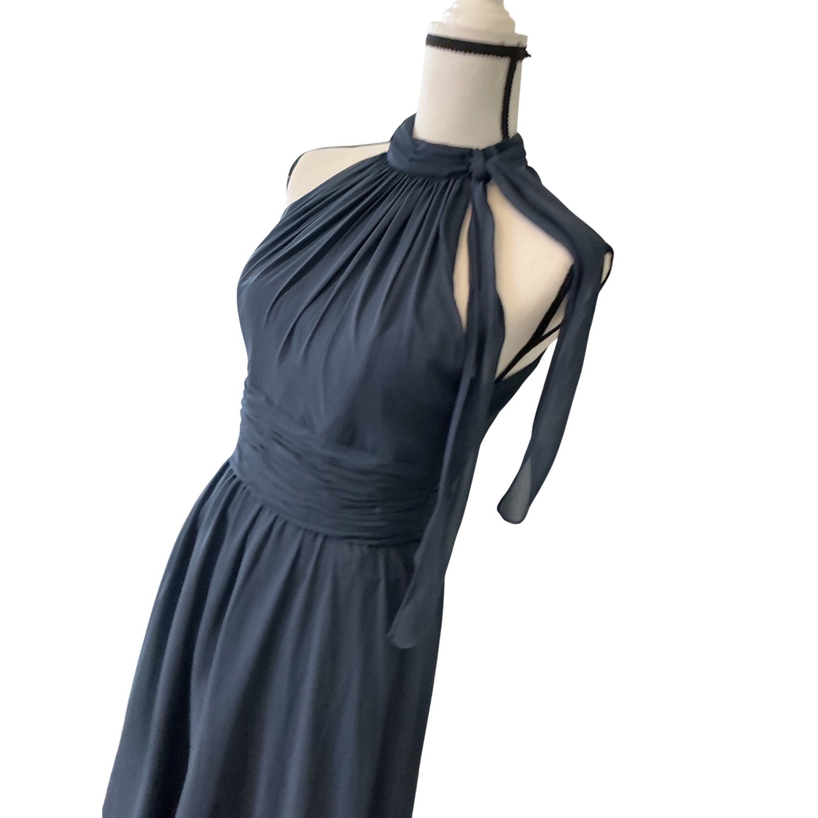 Mori Lee Madeline Gardner Navy Blue Chiffon Halter Neck Evening Gown Dress 8