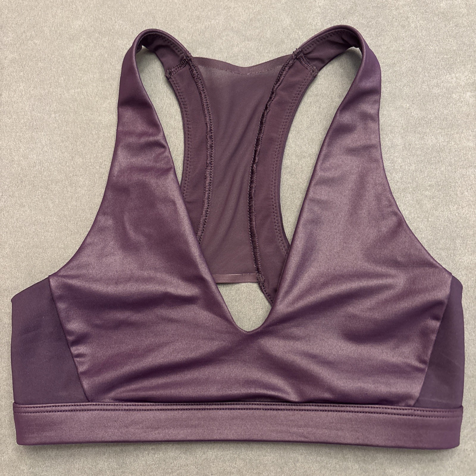 Deep Plunge V Neck Sports Bra Dark Purple Sheen Mesh Racer Back XS
