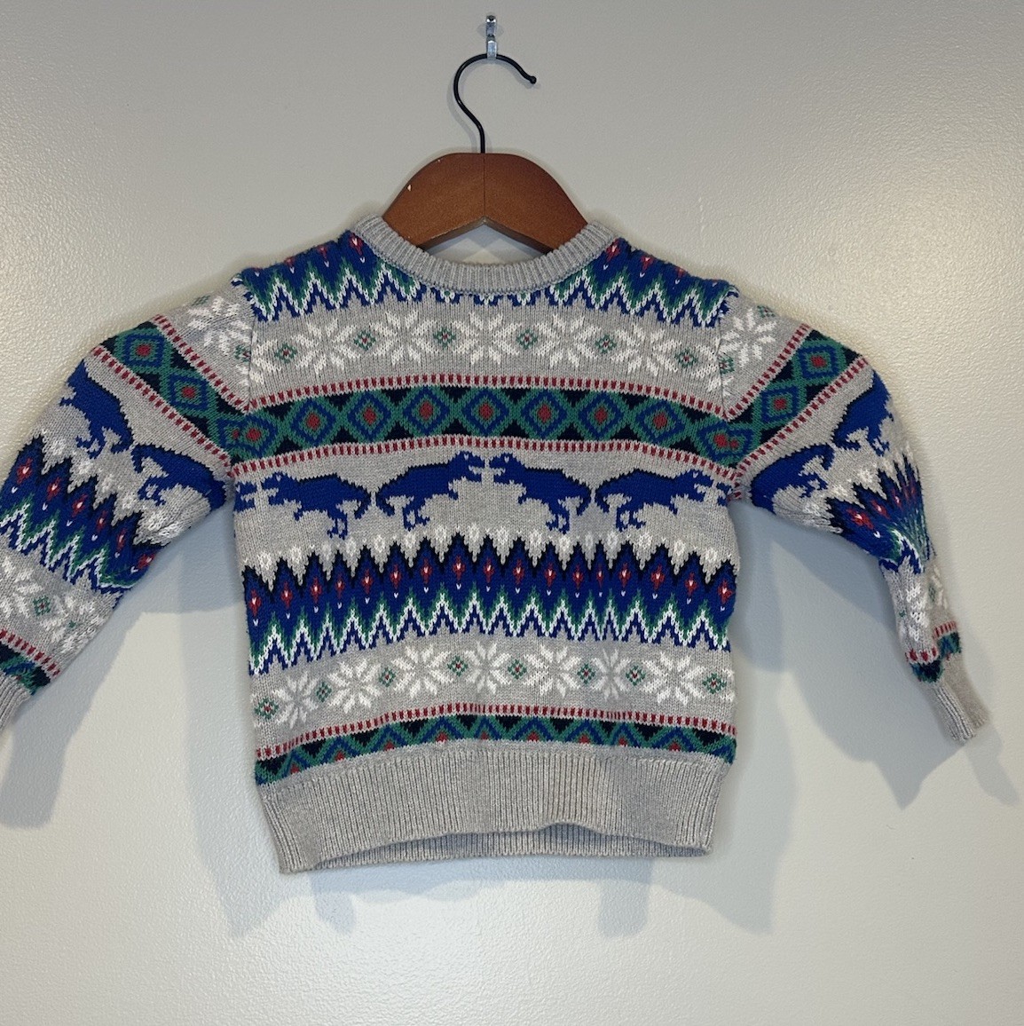 OshKosh B’Gosh Fair Isle T-Rex Dino Sweater Size 24 MONTHS Gray Blue Green