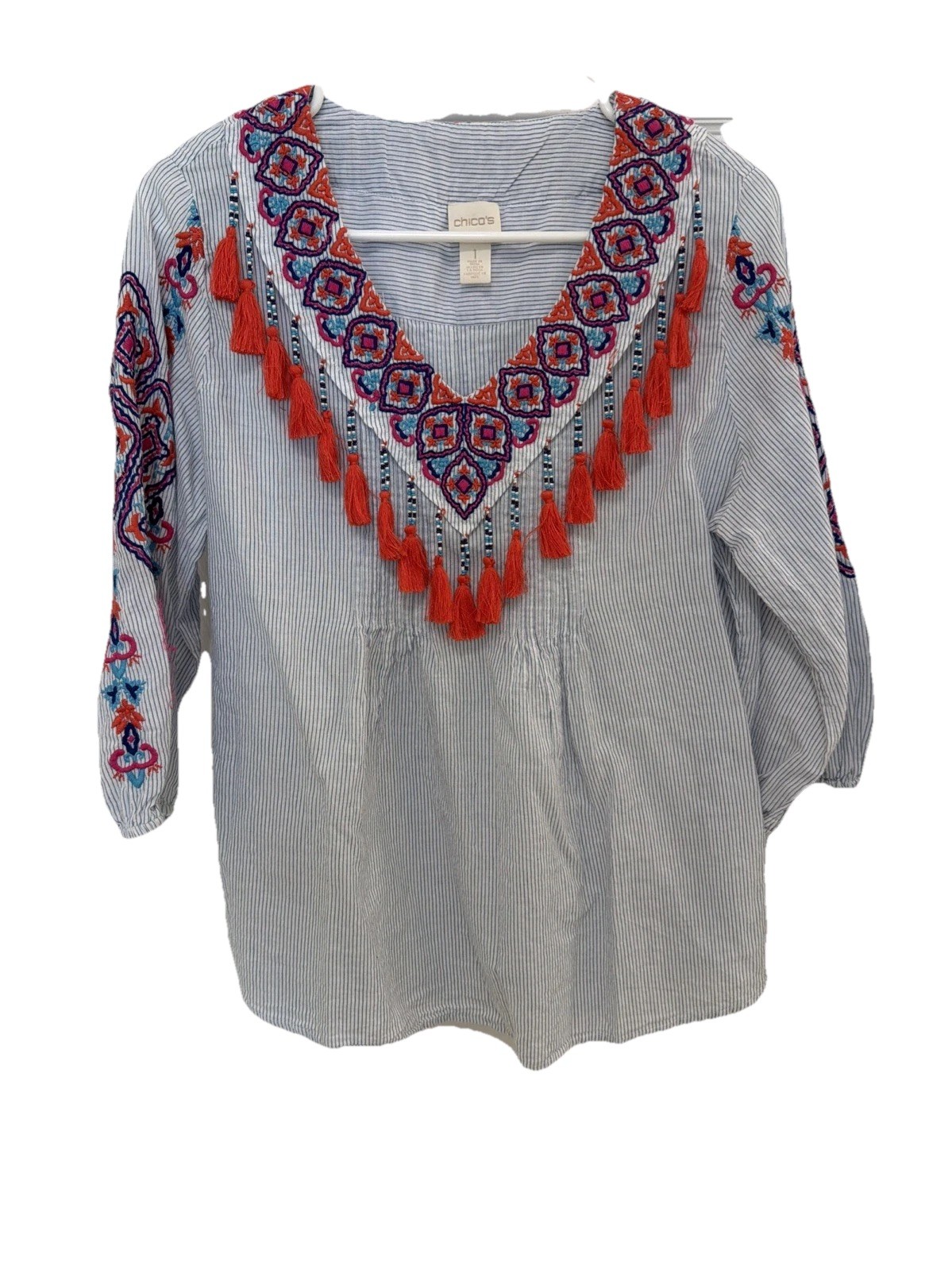 Chico’s blue embroidered beaded tasseled pesant tunic boho blue blouse size 8-10