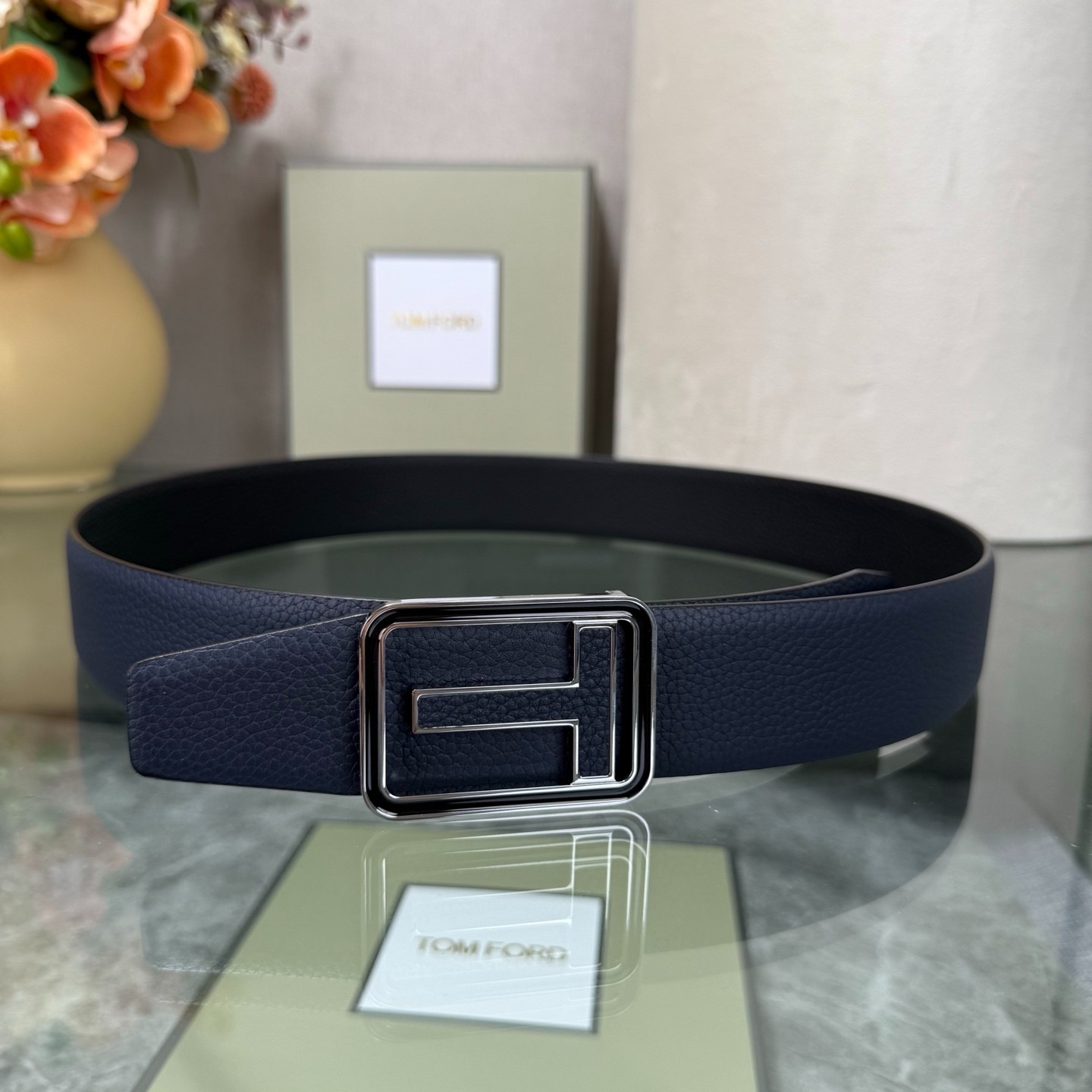 Authentic Tom Ford Reversible Leather T-Buckle Belt Luxury Designer Fashion