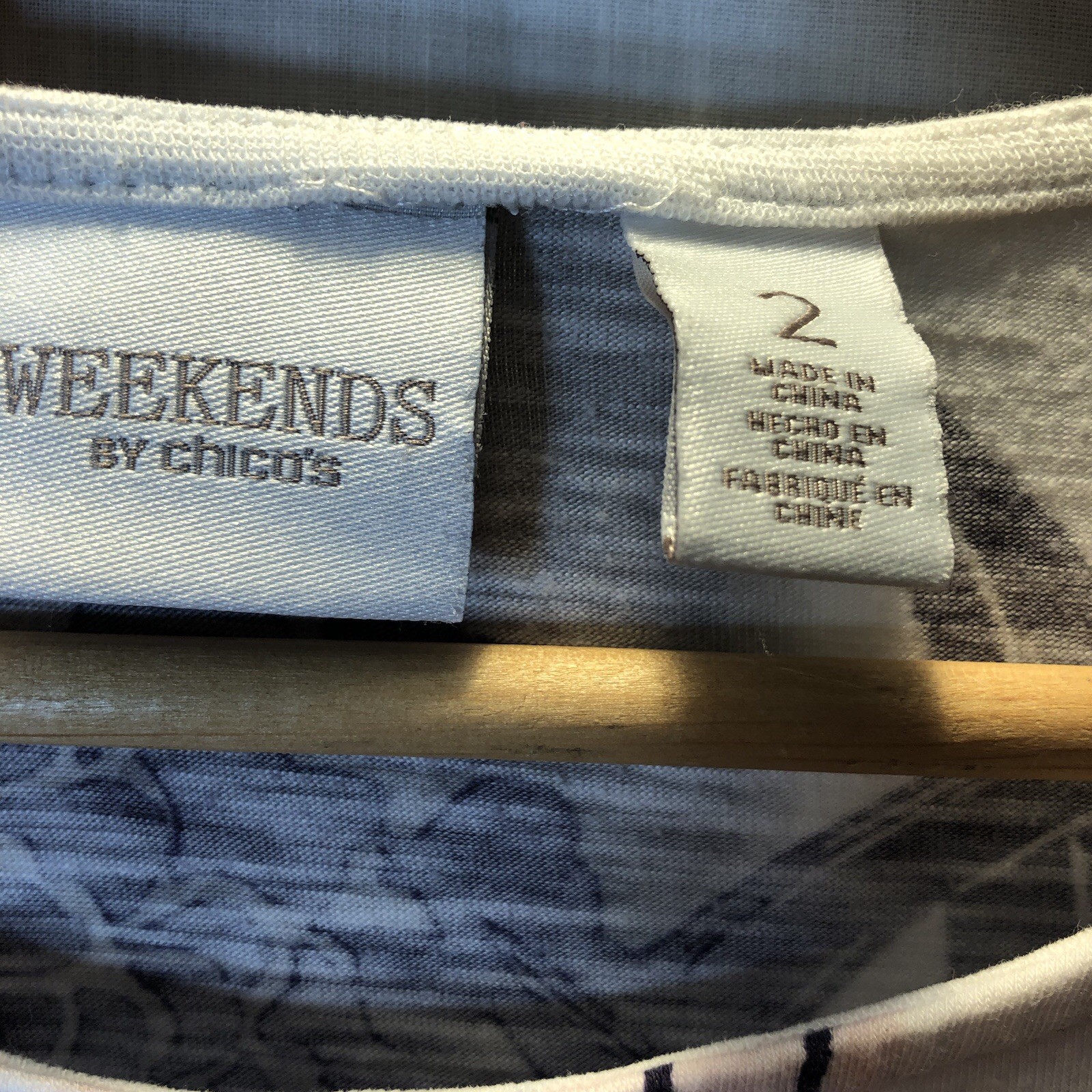 Weekend by Chico’s Size 2 White Pink Grey Sripes Black Flowers Knit Shirt