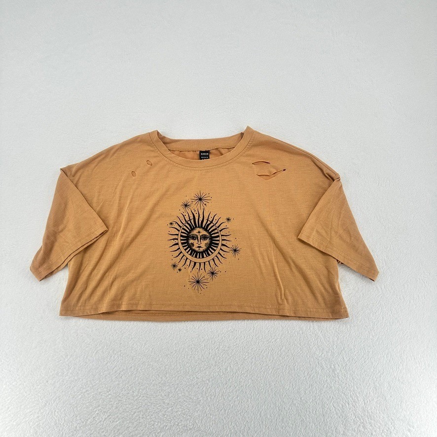 SHEIN Tan Cropped Graphic Tee Sun Moon Celestial Top S