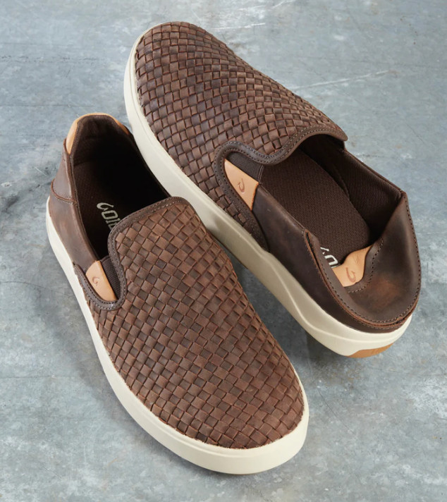 OluKai Lae’ahi Lauhala Mens 11.5 EU 44.5 Dark Wood Woven Leather Slip On Shoes