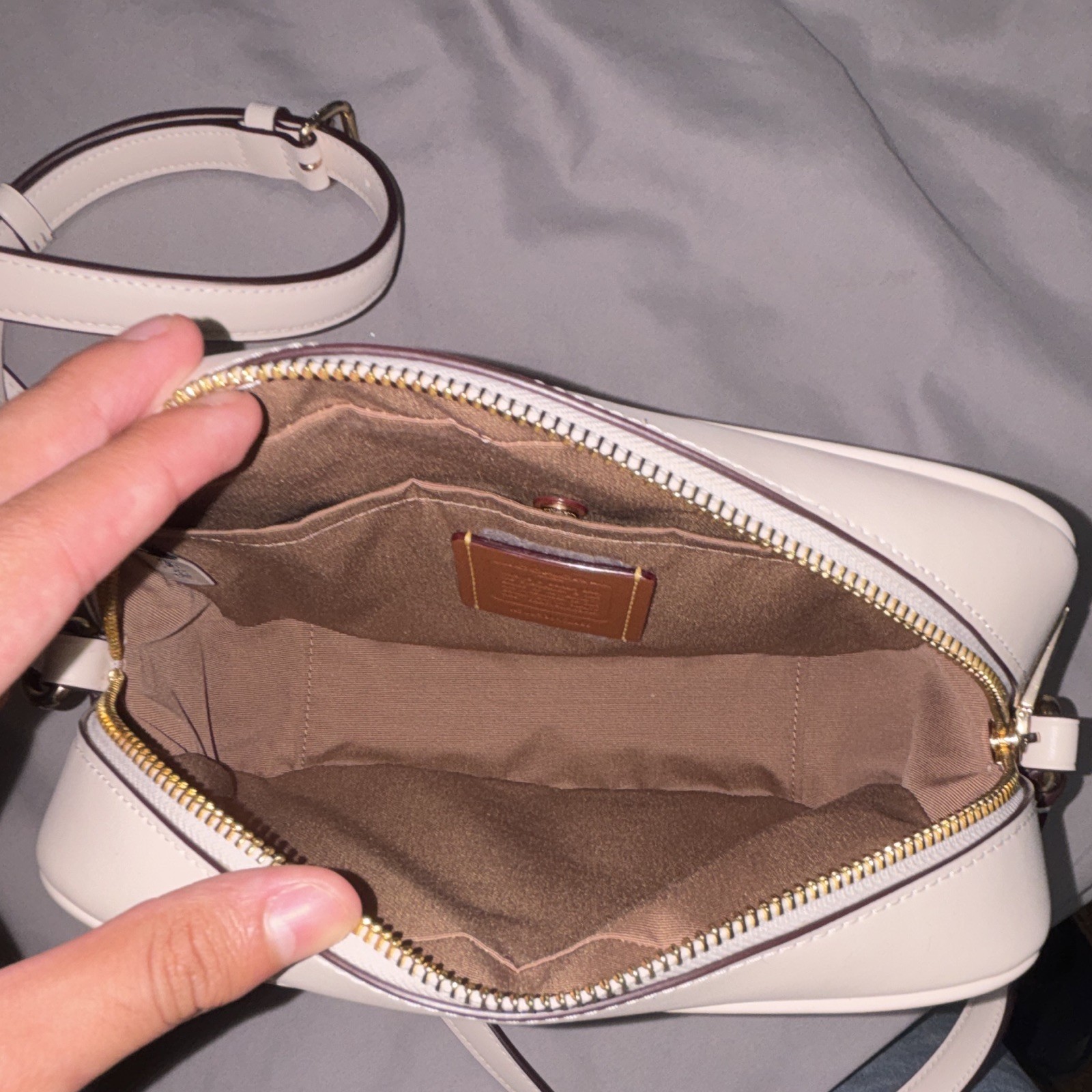 Coach Signature Monogram Small Zip Crossbody Bag Beige/White Detachable Strap