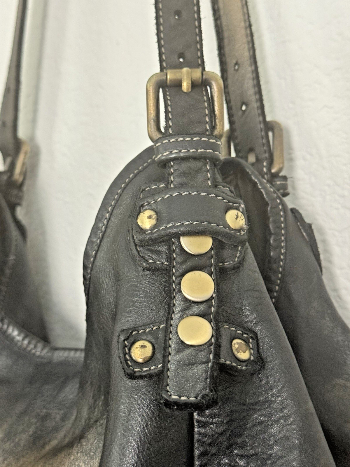 Lusher Soft and Slouchy Hobo Stone Washed Black Raw Onyx Italian Leather Studded