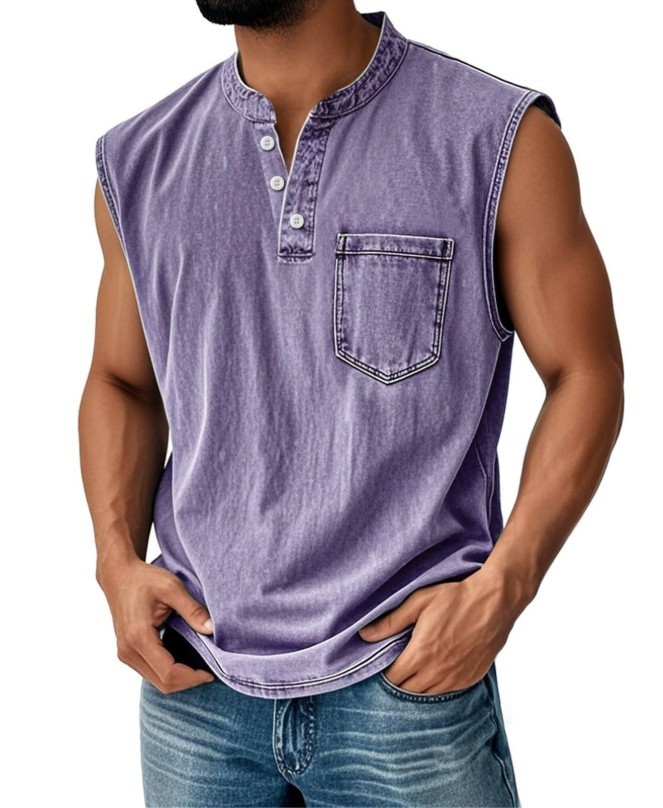 Men’s Sleeveless Henley T-Shirt Casual Cotton Blend Tank Top Summer Gym Vest