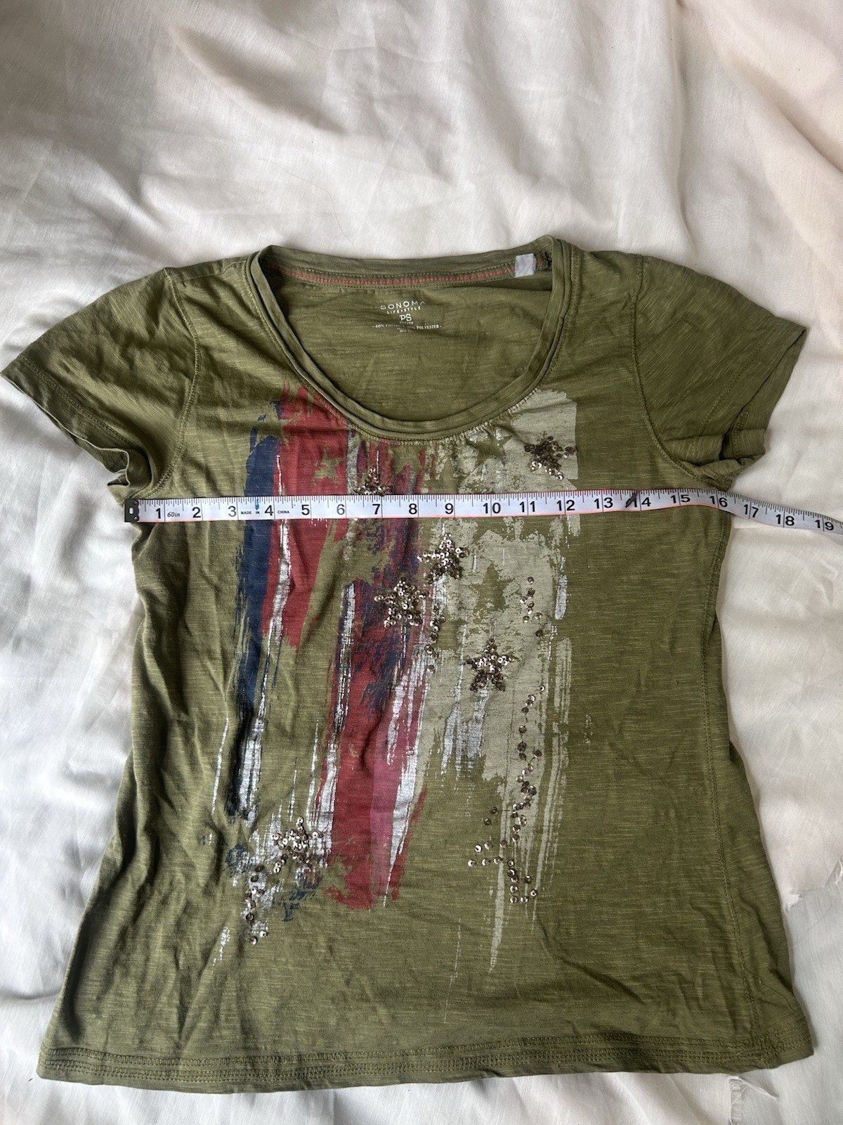 Sonoma Flag Graphic Tshirt Sequin sz PS vtg y2k cotton blend forest green
