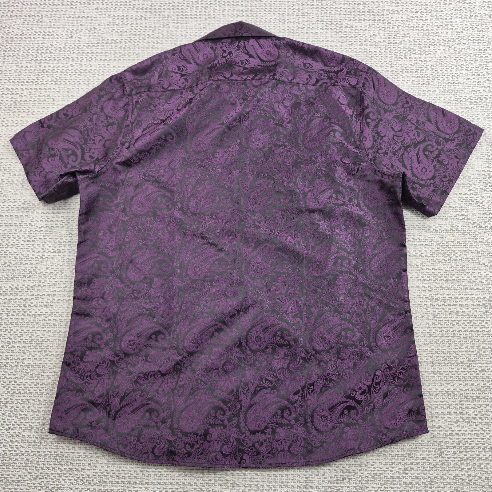 Barry Wang Button Up Shirt Mens Large Purple Paisley Short Sleeve Satin Party