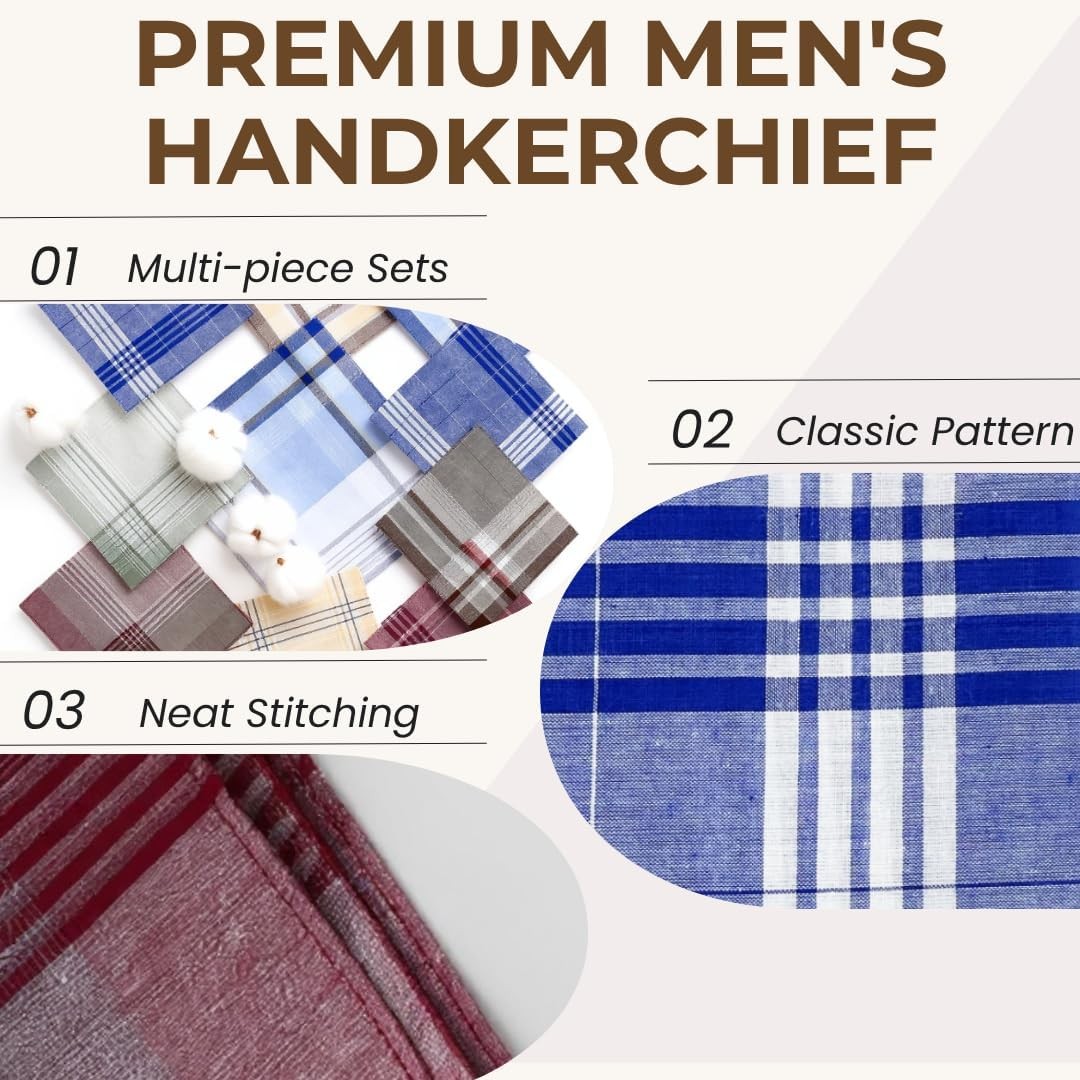 12 Pack Men’s Handkerchiefs 100% Cotton Handkerchief for Men Classic Assorted 16