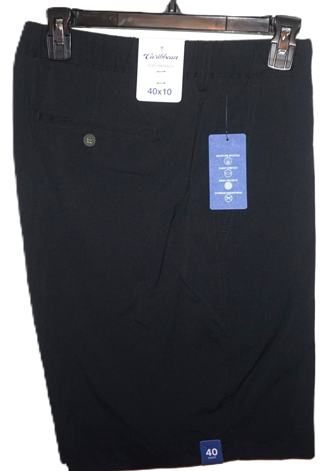 Caribbean Performance Stretch Shorts Black 40×10 Flat Front Elastic NWT