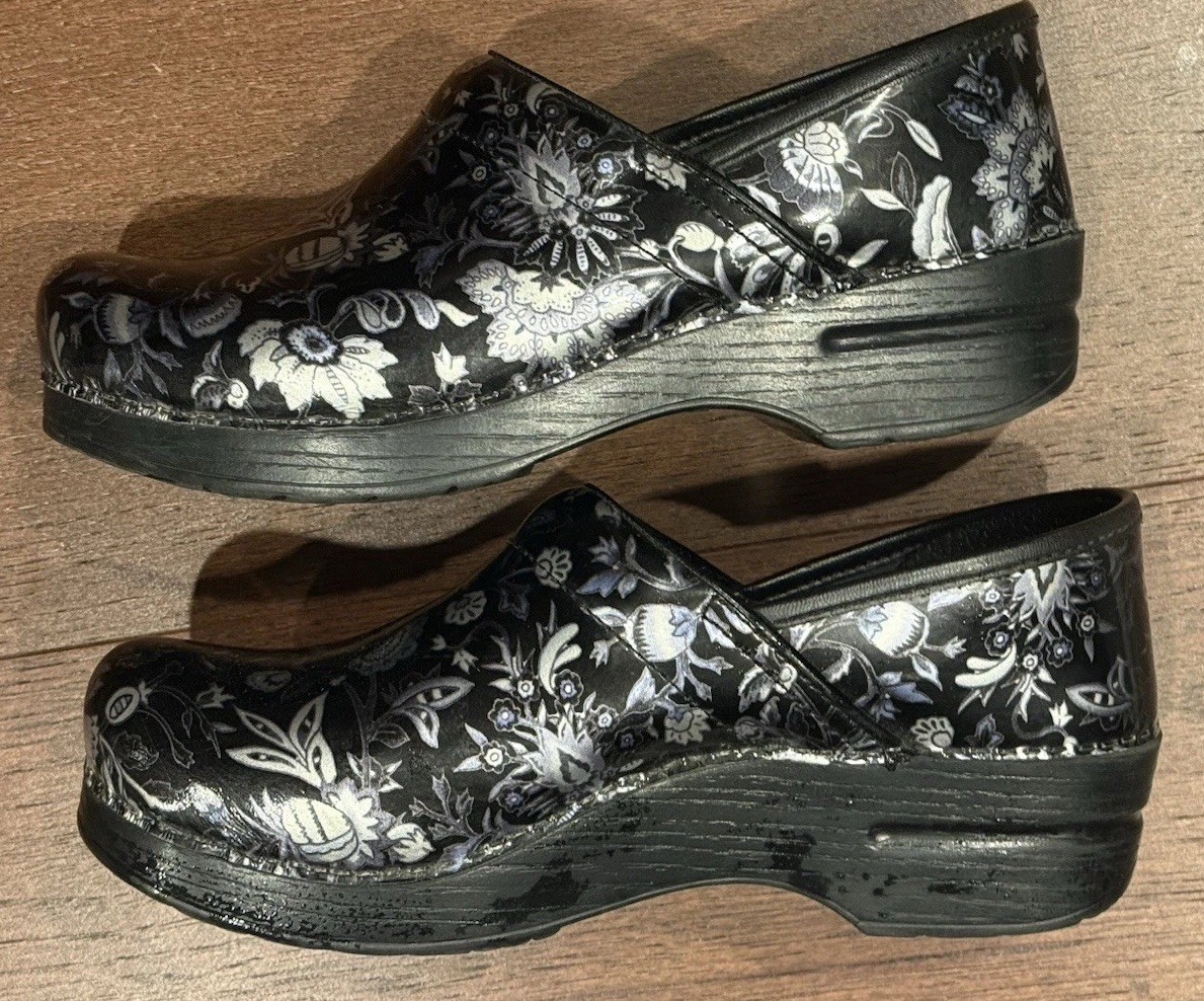 Dansko Women’s Black/Silver Floral Leather Slip-On Comfort Clogs 8.5