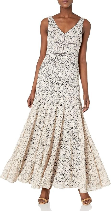Vera Wang Beige Lace Grey Lining Formal Gown Wedding Guest Dress Size 8