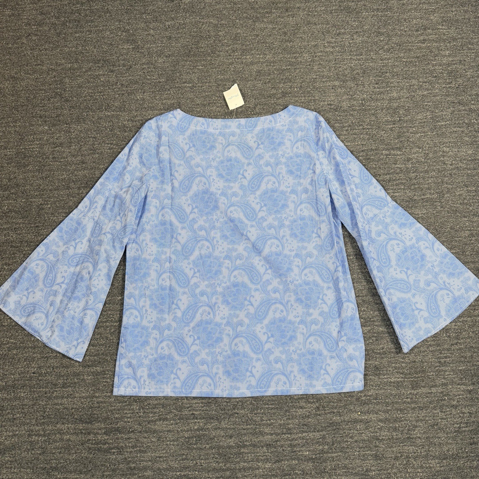 J Mclaughlin Coretta Blouse Women Medium Boat Neck Bell Sleeve Paisley Blue NEW