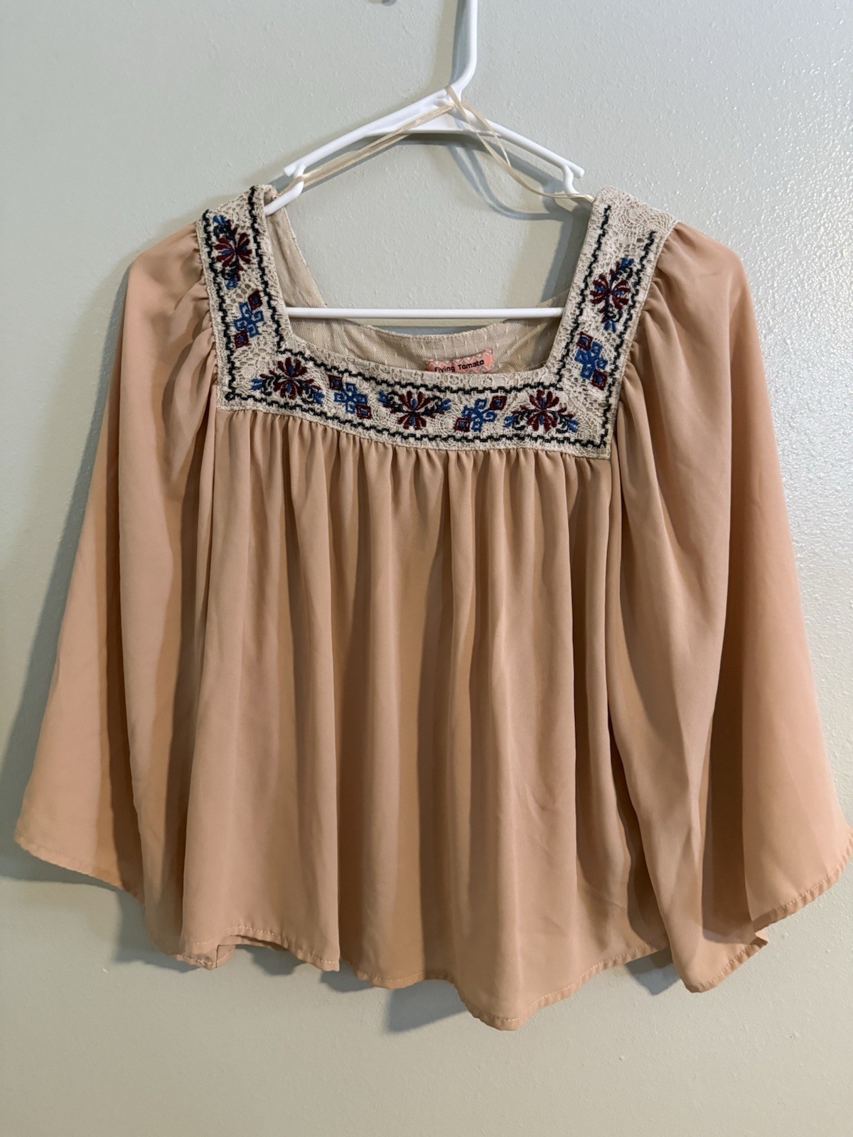 Flying Tomato Beige Embroidered Chiffon Blouse XS 3/4 Sleeve Square Neck