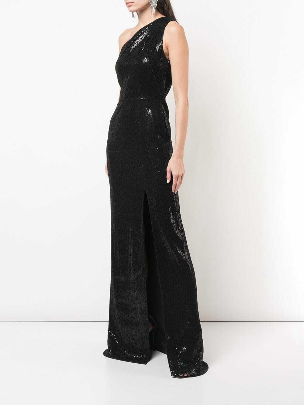 HANEY Black One Shoulder Sequin Embellished Velvet Hi-Slit Maxi Gown Dress 6 = S