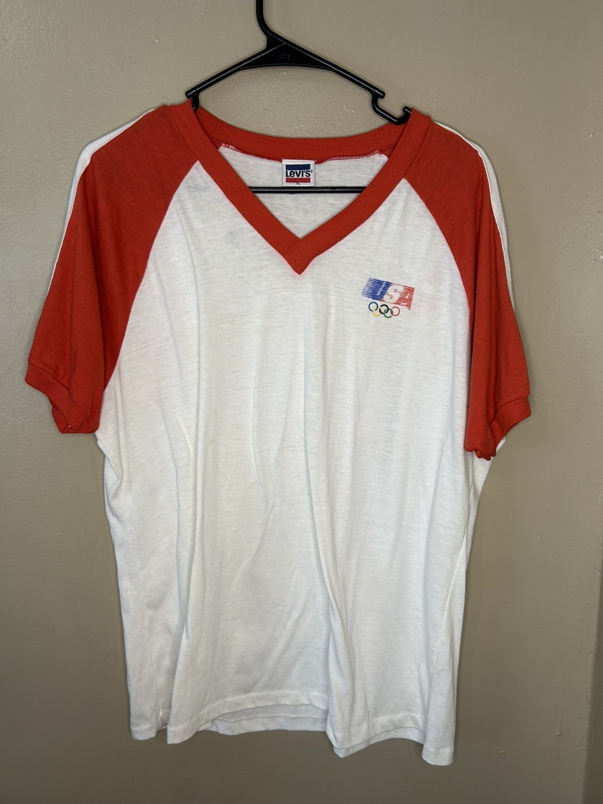 Vintage 80s Levis USA Olympics Shirt Size XL White Red V Neck 1984 Sports