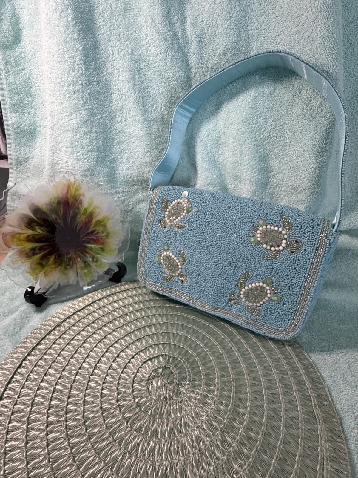 Blue Beaded Sea Turtle Bag Handcrafted in India With Bag Charm
