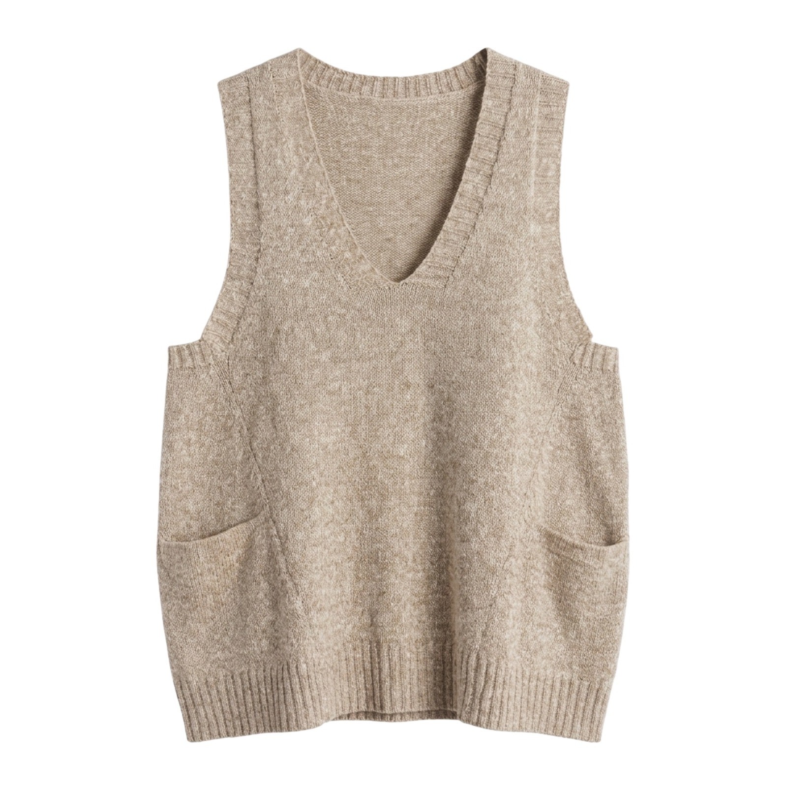 Tan Heathered Knit Sweater Vest with Pockets – V-Neck Boho