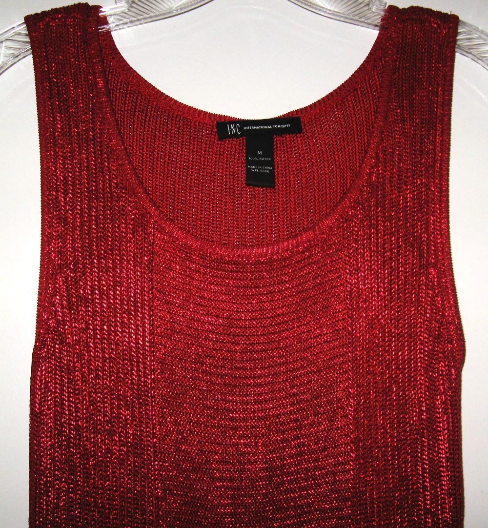 INC INTERNATIONAL CONCEPTS METALLIC RED KNIT SCOOP NECK TUNIC TOP – SIZE MEDIUM