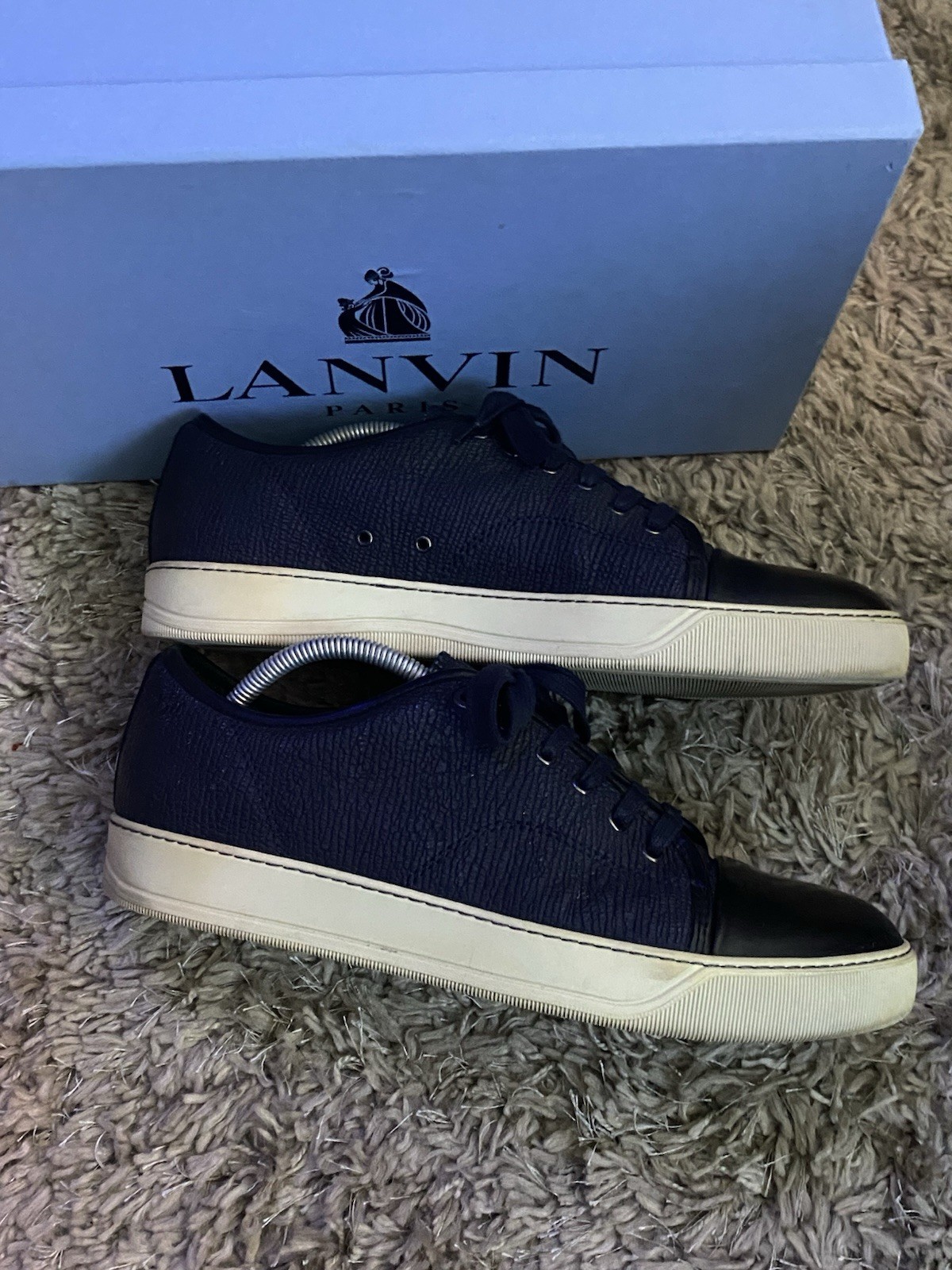 LANVIN Mens DBB1 Navy Embossed Leather Lace Up Sneakers Size UK 10 US 11