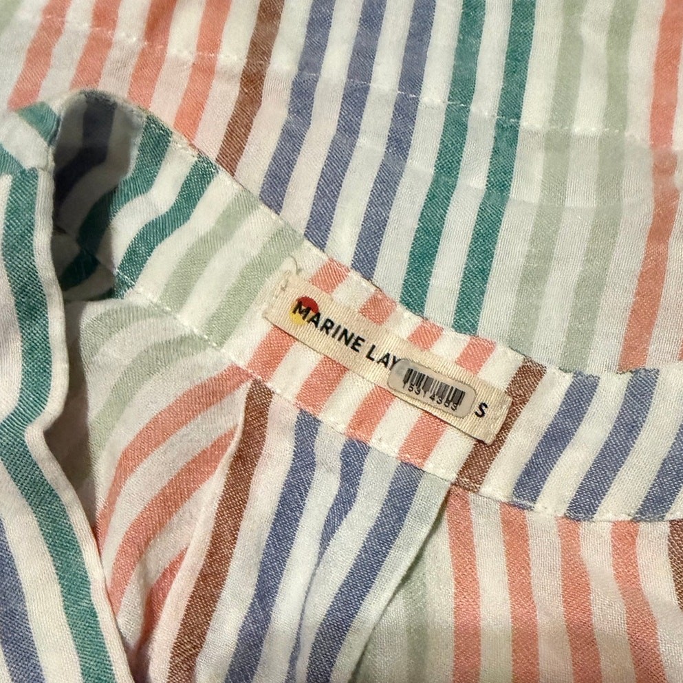 Marine Layer Allison Smocked Stripe Top Pastel Rainbow Linen Blend Small