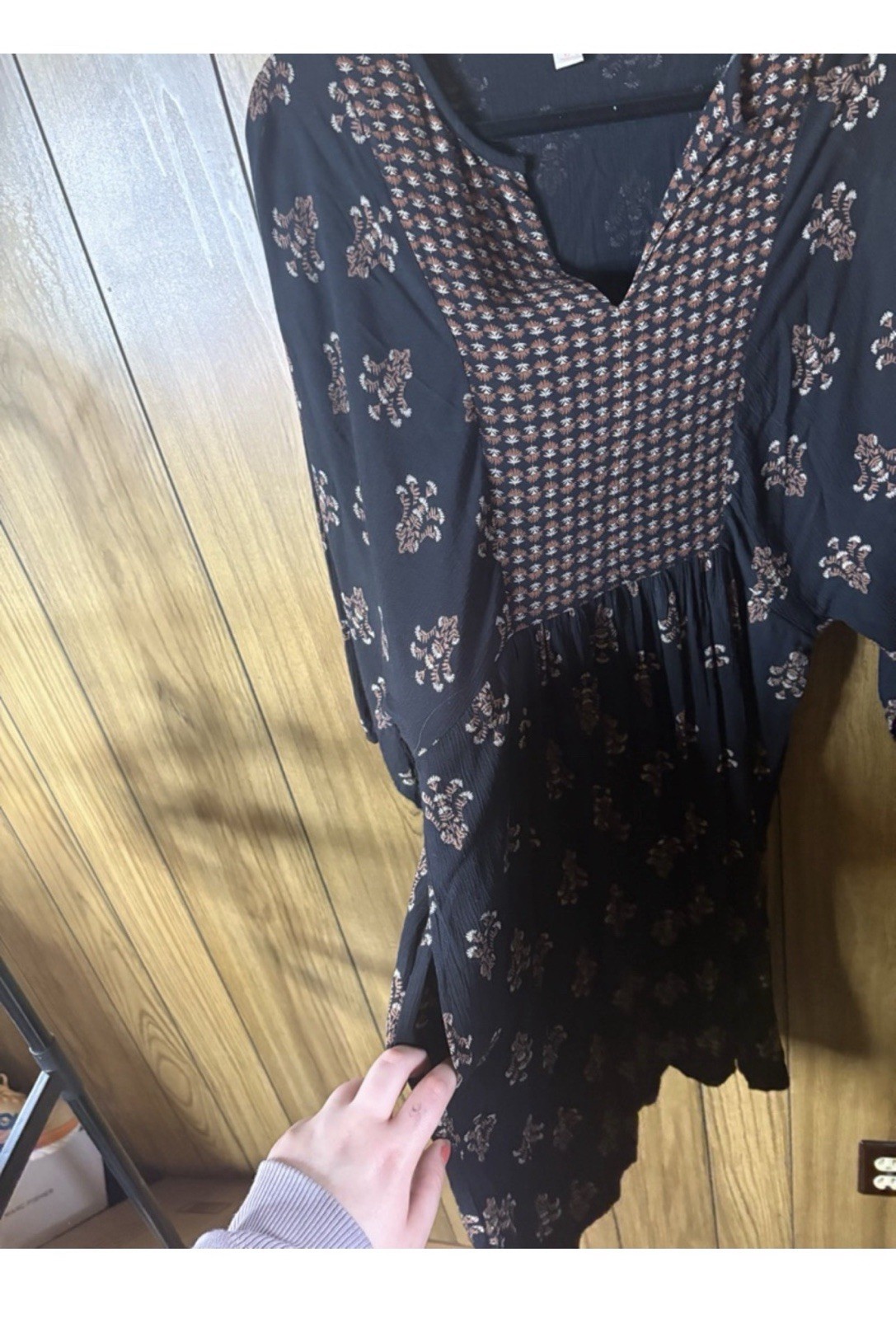 Knox Rose Black Floral A-Line Midi Dress V-Neck 3/4 Sleeve Regular Sz XS