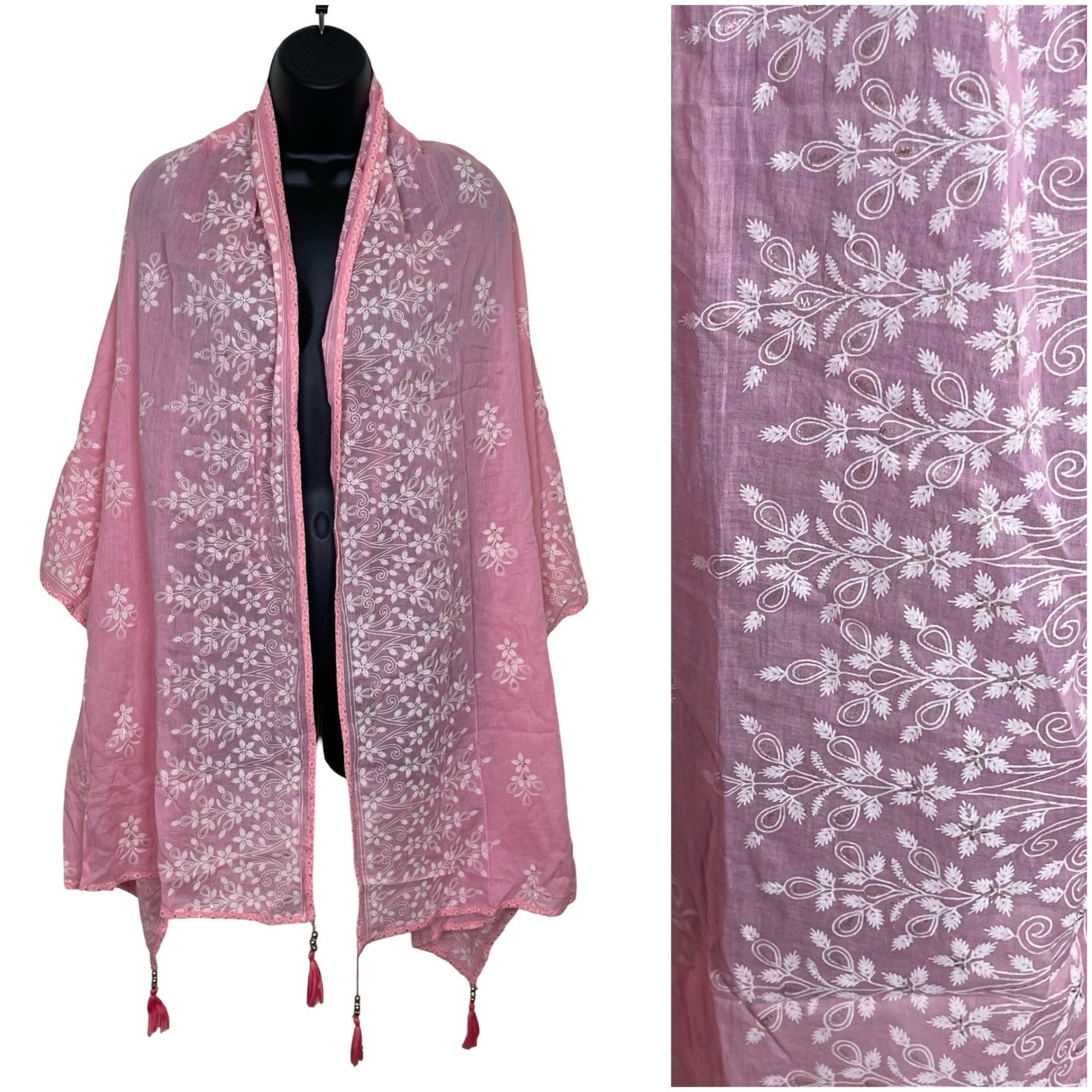 Vintage Light Pink Gold Embroidered Scarf Wrap Shawl Boho Tassels Floral