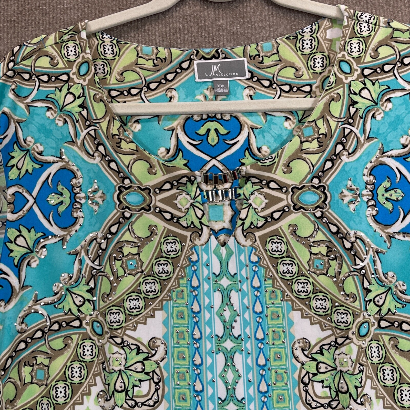 JM Collection Top Womens XXL Tunic Paislet Sheer Sleeves Studs Chain Career