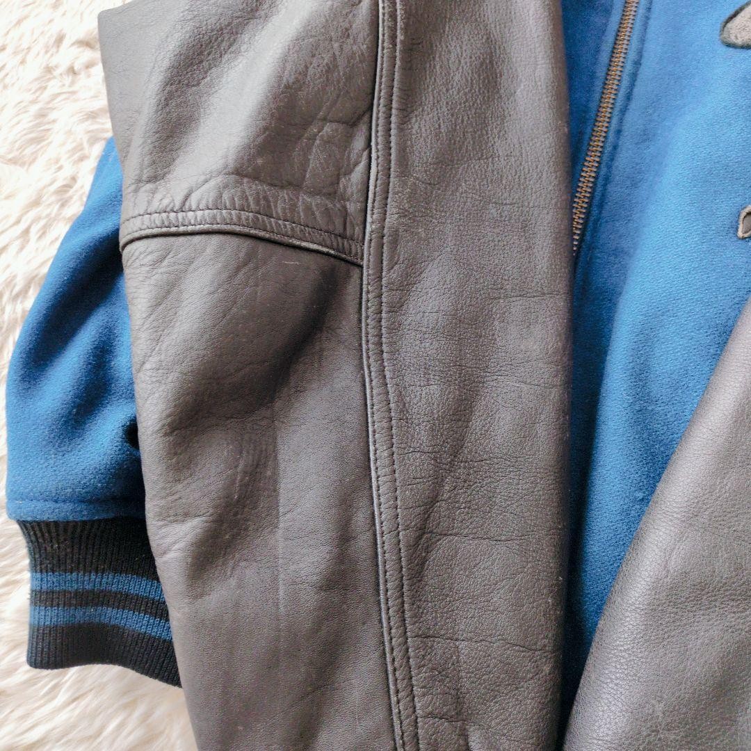 AVIREX Leather Wool Stadium Jacket Blouson Coat Men Size M Blue Black Vintage