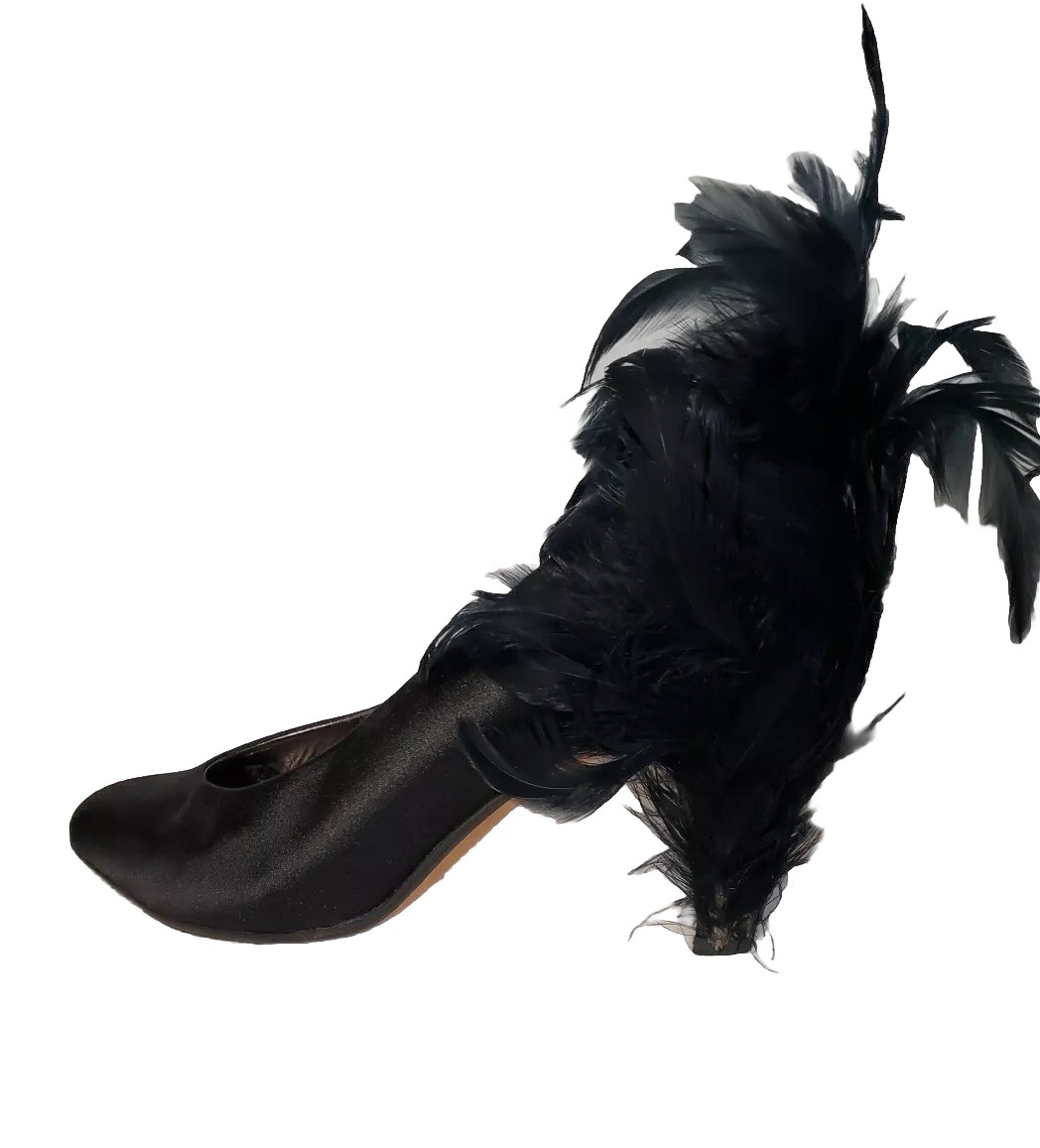 Vintage Andrea Pfister Sz 7 Black High Heel Pumps Feathers Silk Holiday Party