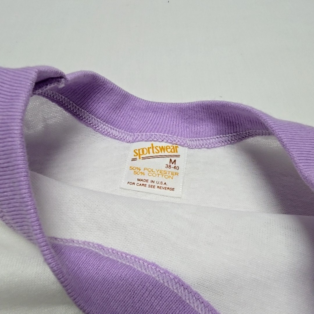 Vintage White Purple Cropped T-Shirt Sportswear USA Made Womens Medium 80s Tee