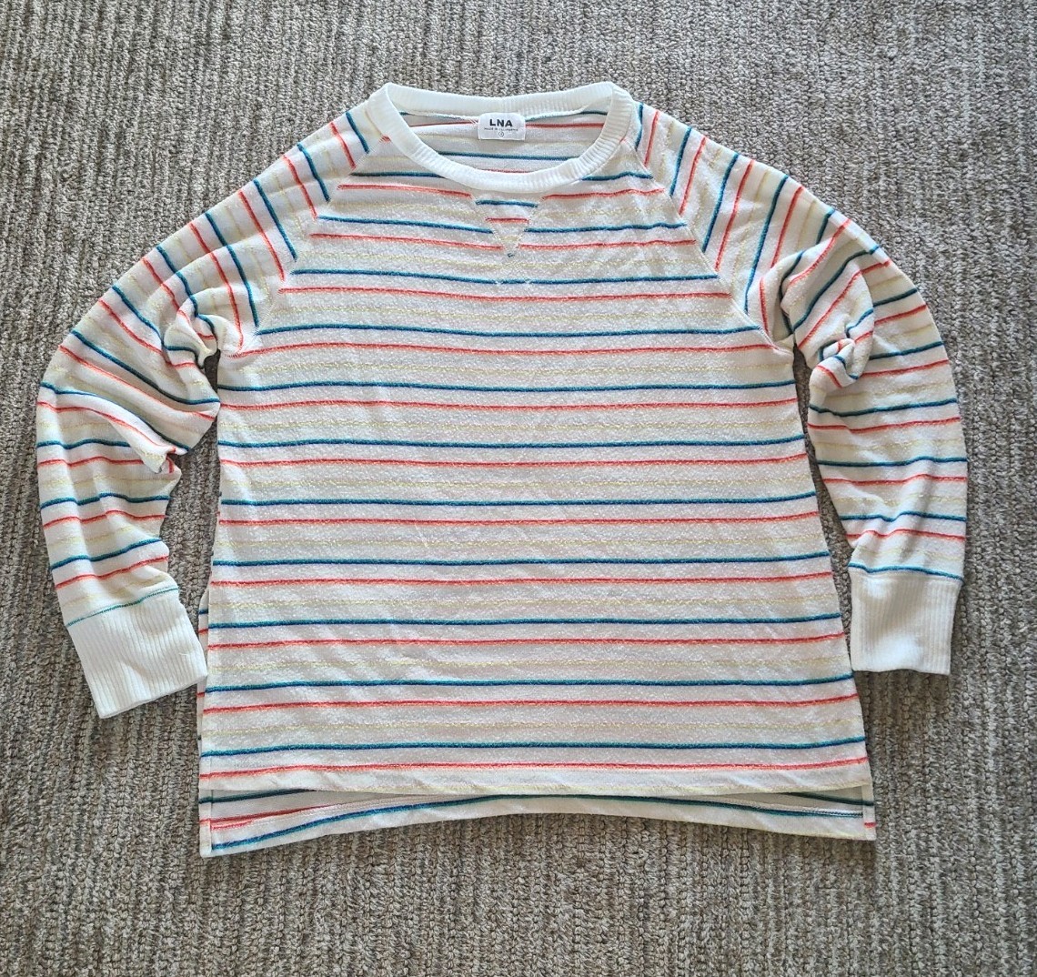 LNA White And Multi Colored Striped Brushed Crewneck Split Hem Sweater Size M