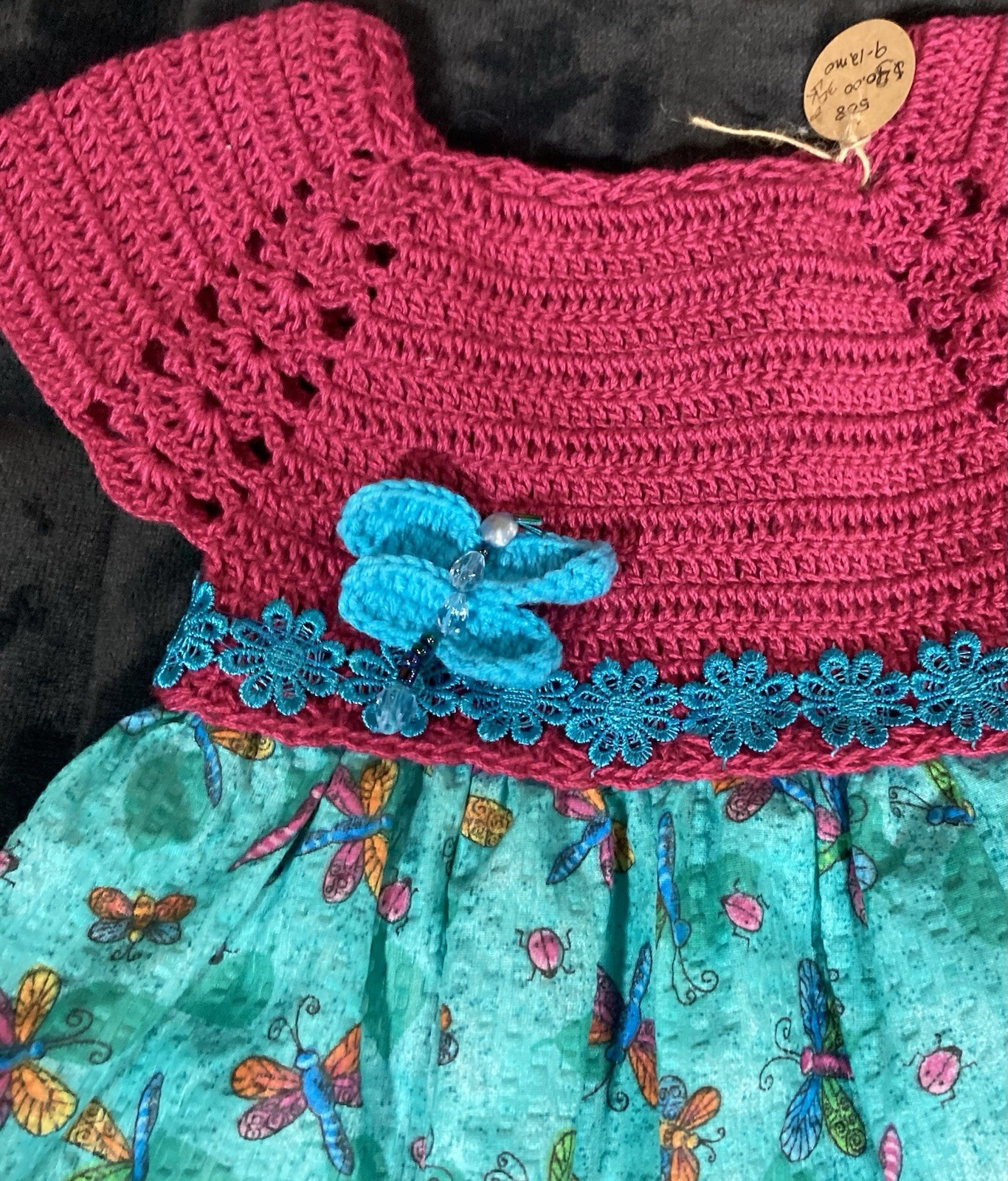 Handmade Girls Fit & Flare Dress 12-18M Pink Crochet Top Blue Butterfly Skirt