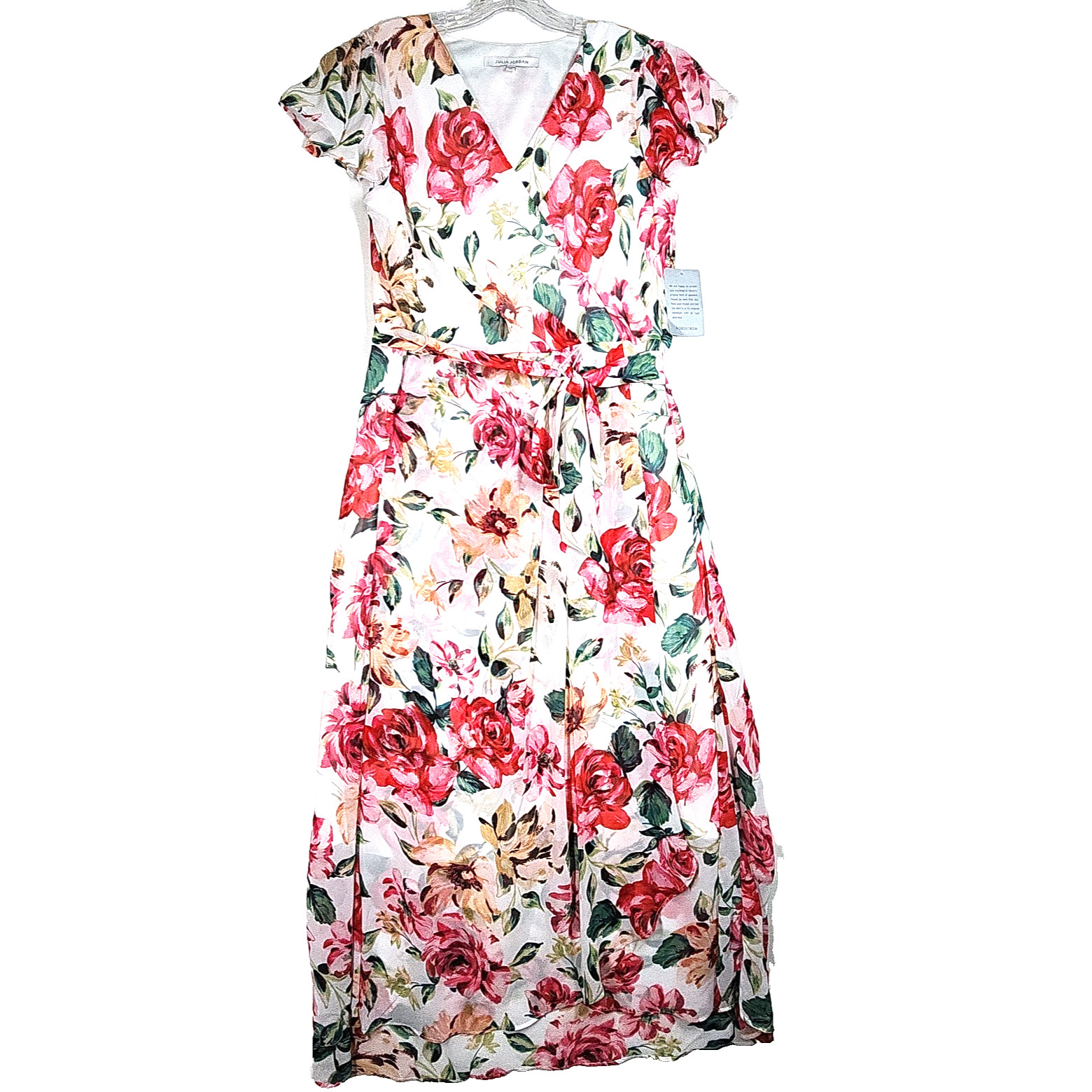 Julia Jordan Flutter Sleeve Floral Organza Dress Sz 12 Red White Faux Wrap Bold