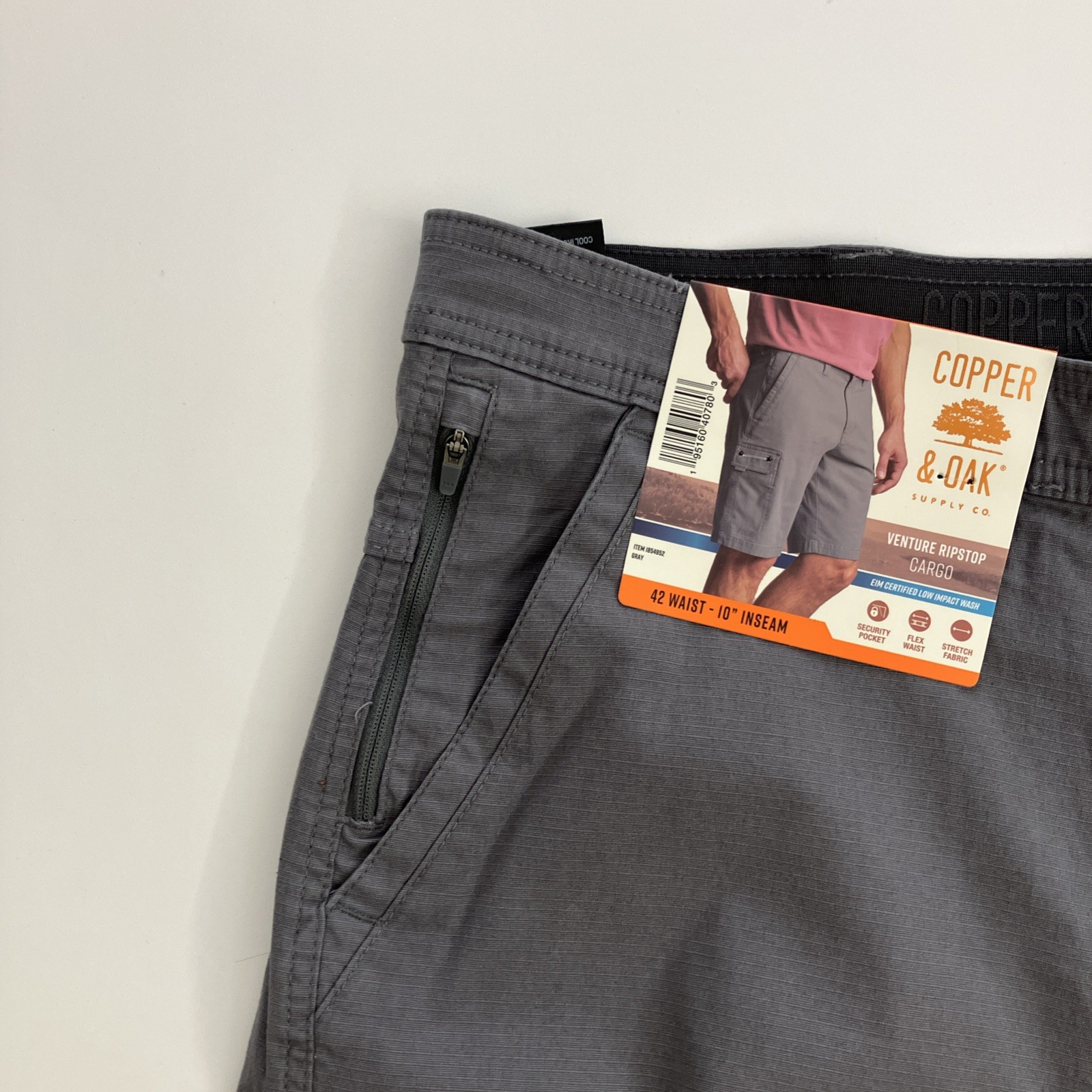 Copper and Oak Men Cargo Shorts Ripstop Security Pocket Flex Waist Gray 42