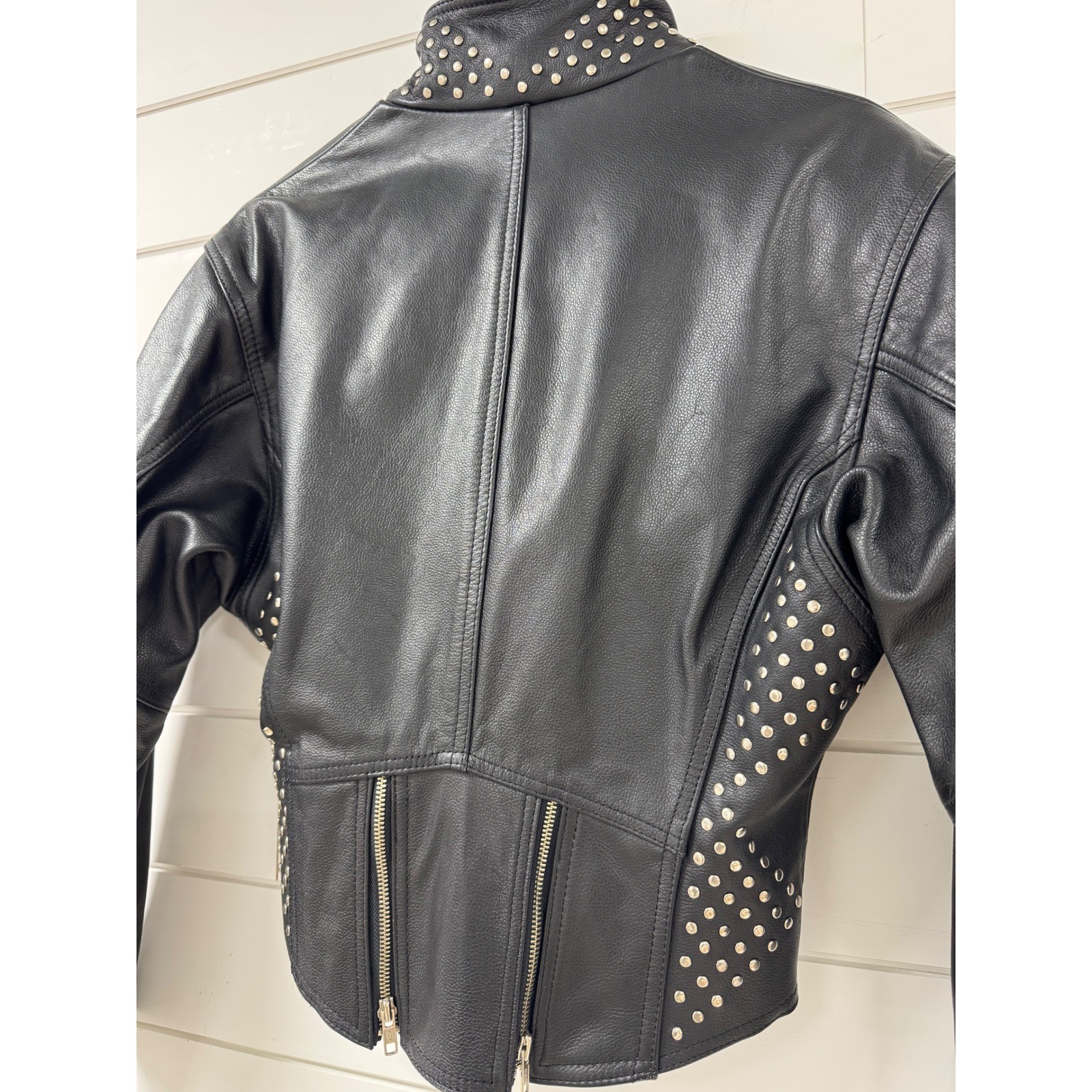 Harley-Davidson Womens Black Leather Studded Belted Moto Biker Jacket Cropped