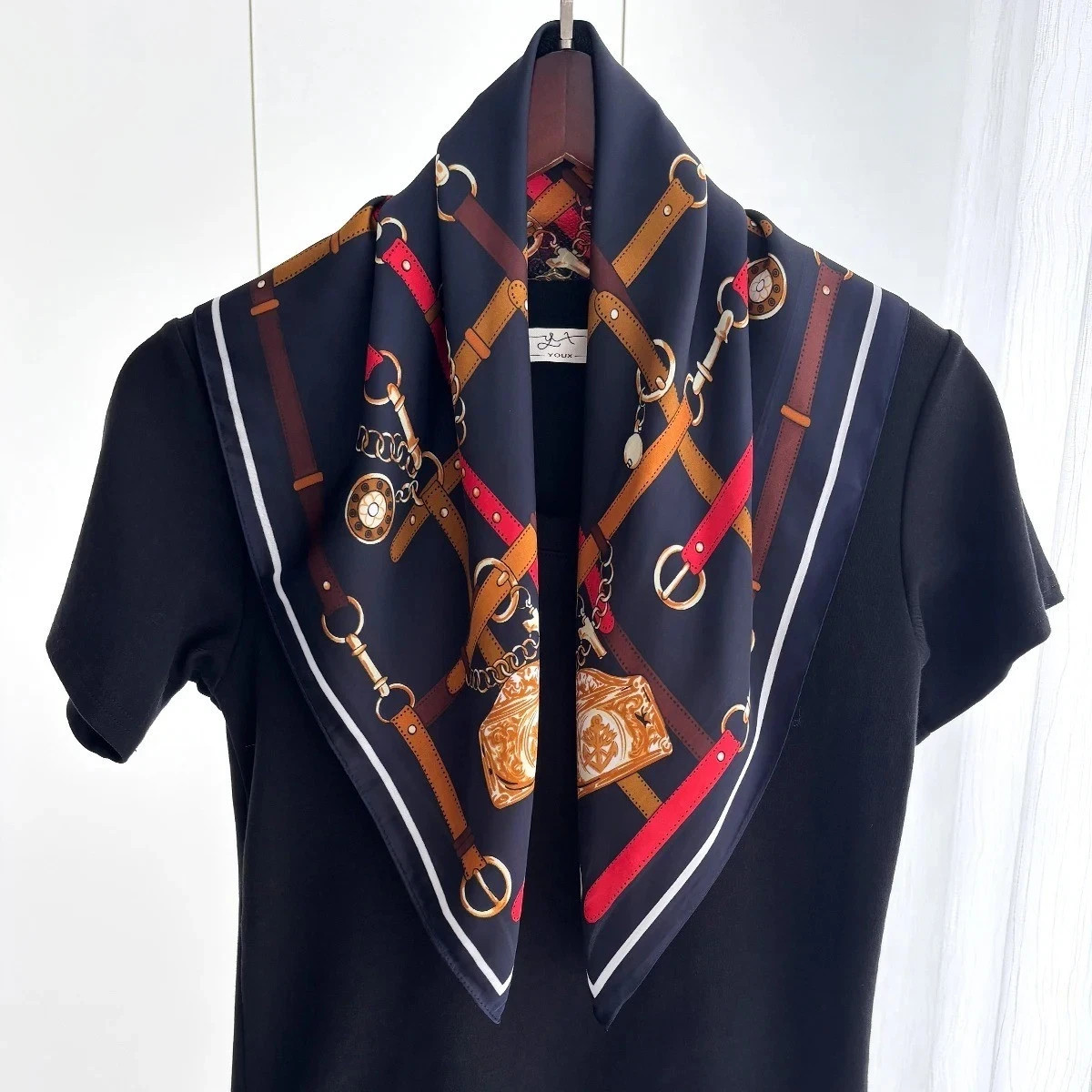 Navy Equestrian Belt & Chain Print Silk Feel Square Scarf 27.5×27.5″ FREE SHIPPI