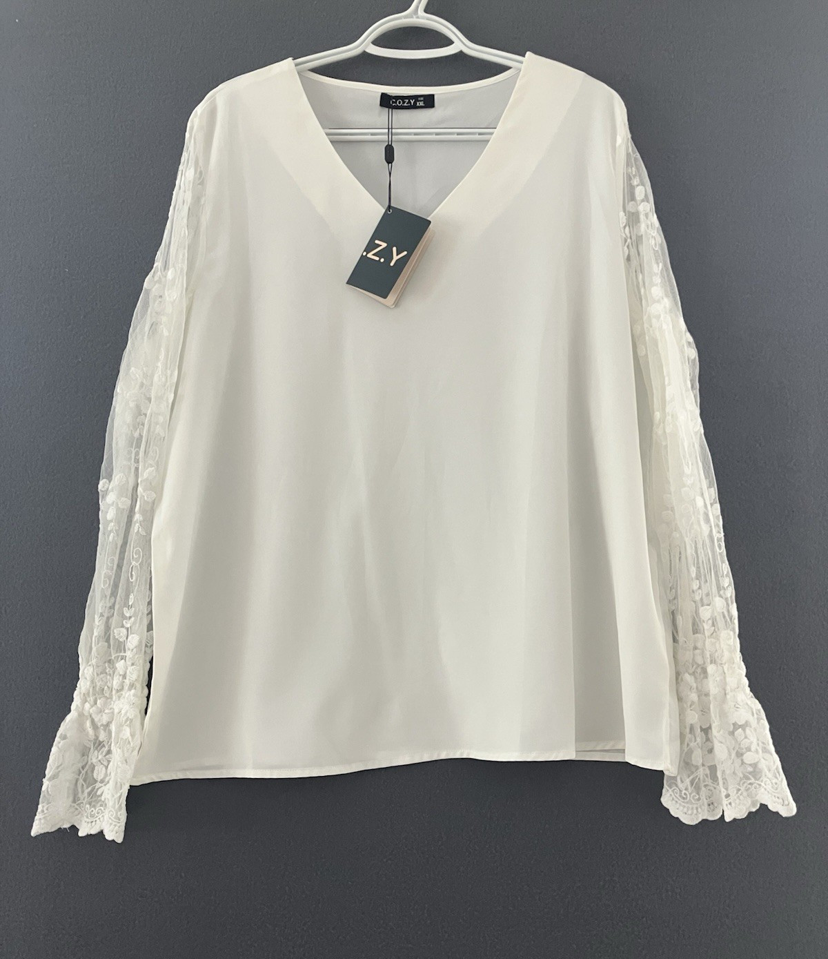 C.O.Z.Y White Sheer Blouse Size XXL Embroidered Floral Long Sleeves V-Neck NWT
