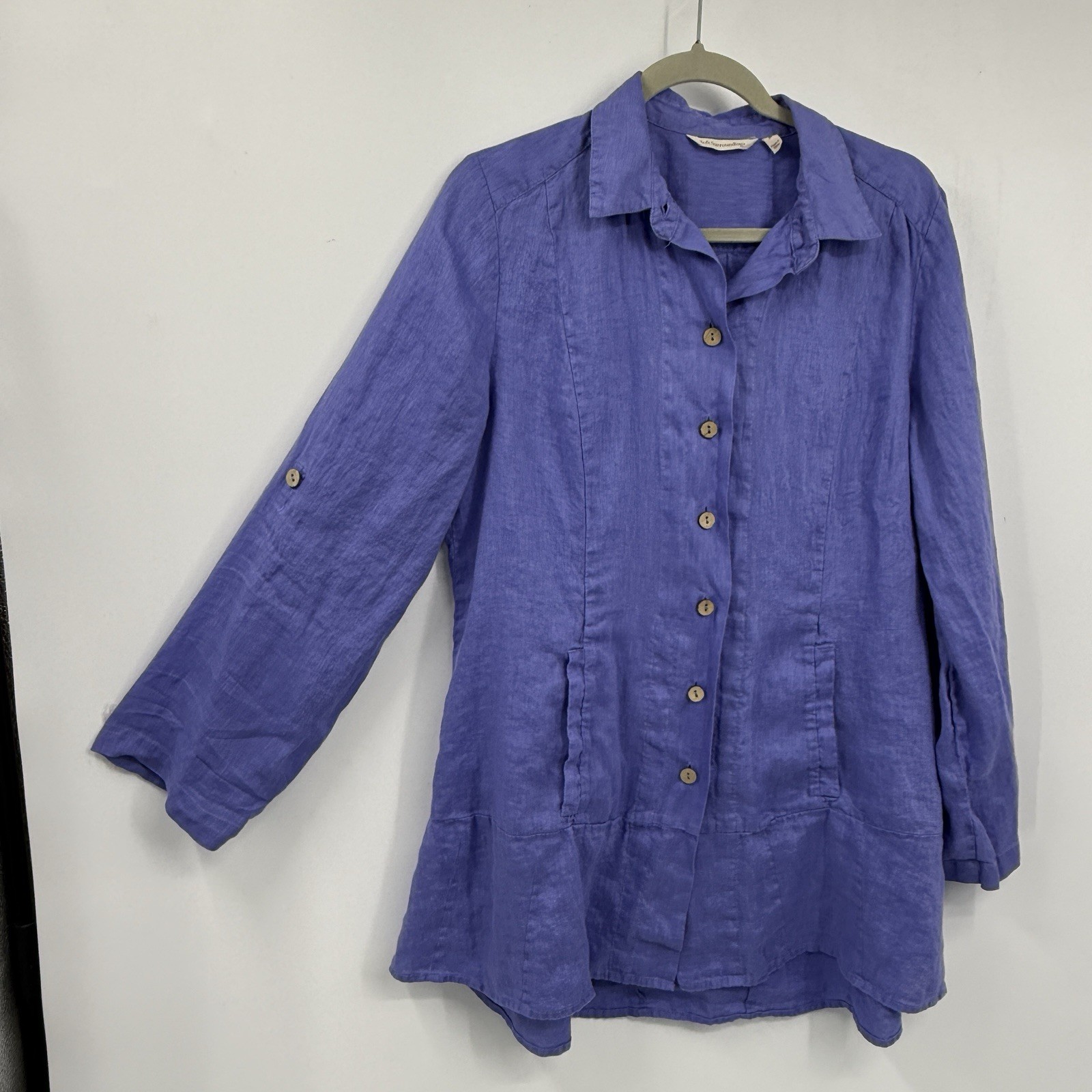 Soft Surroundings Linen Tunic Shirt Medium Button Up Lavendar Pockets Coastal
