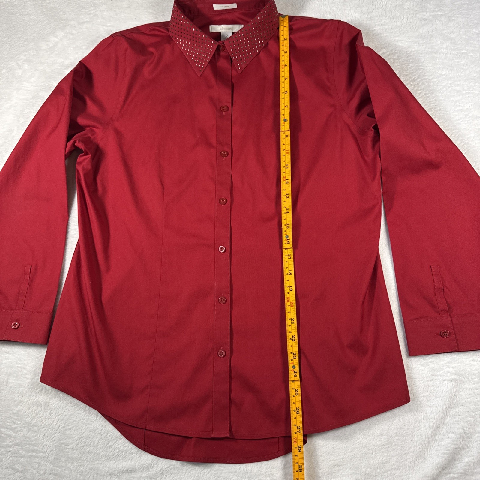 Chico’s Size 2/Large Solid Red Rhinestone Collar No-Iron Long Sleeve Button Down