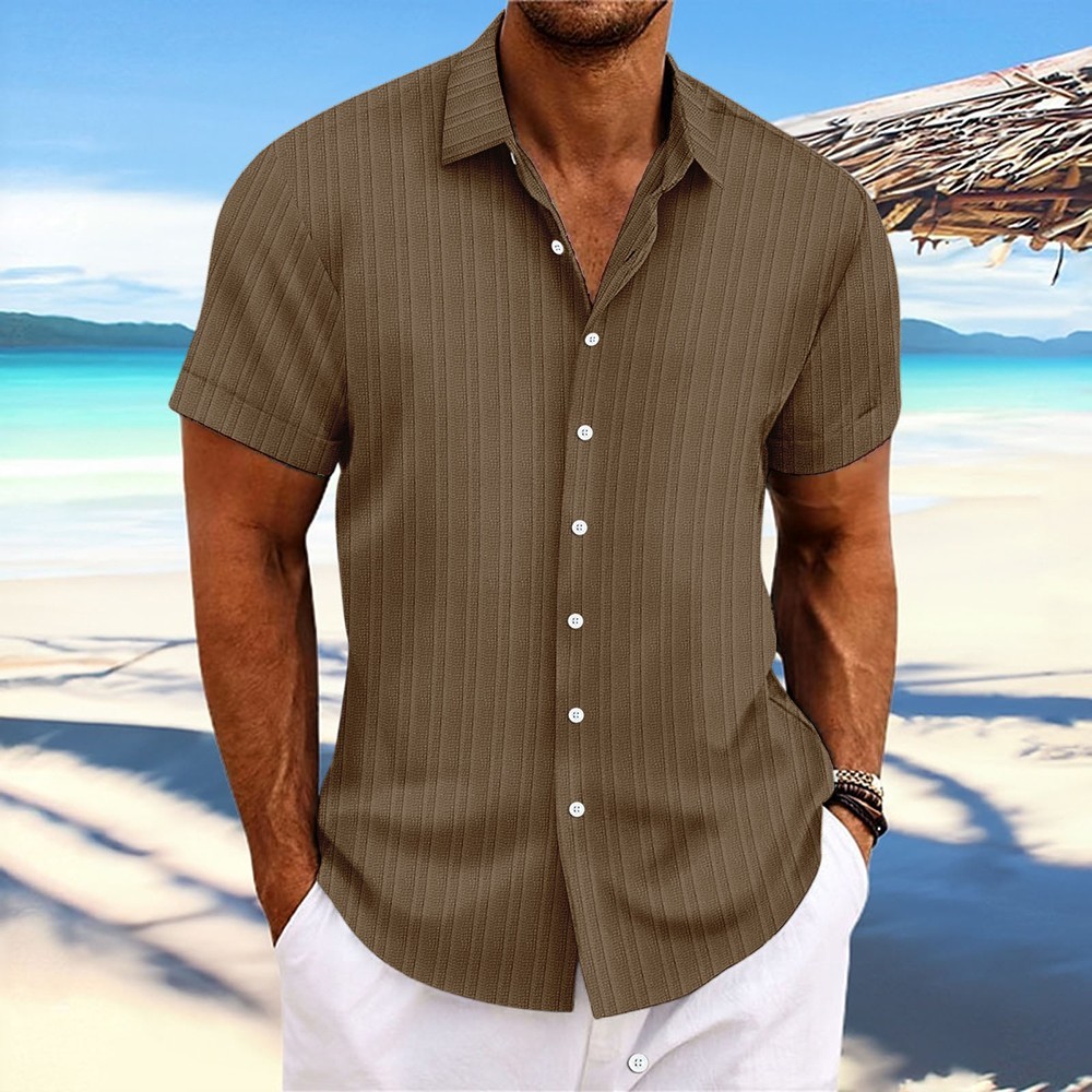 2025 Men Striped Button Down T Shirts Grandad Summer Short Sleeve Casual Tops