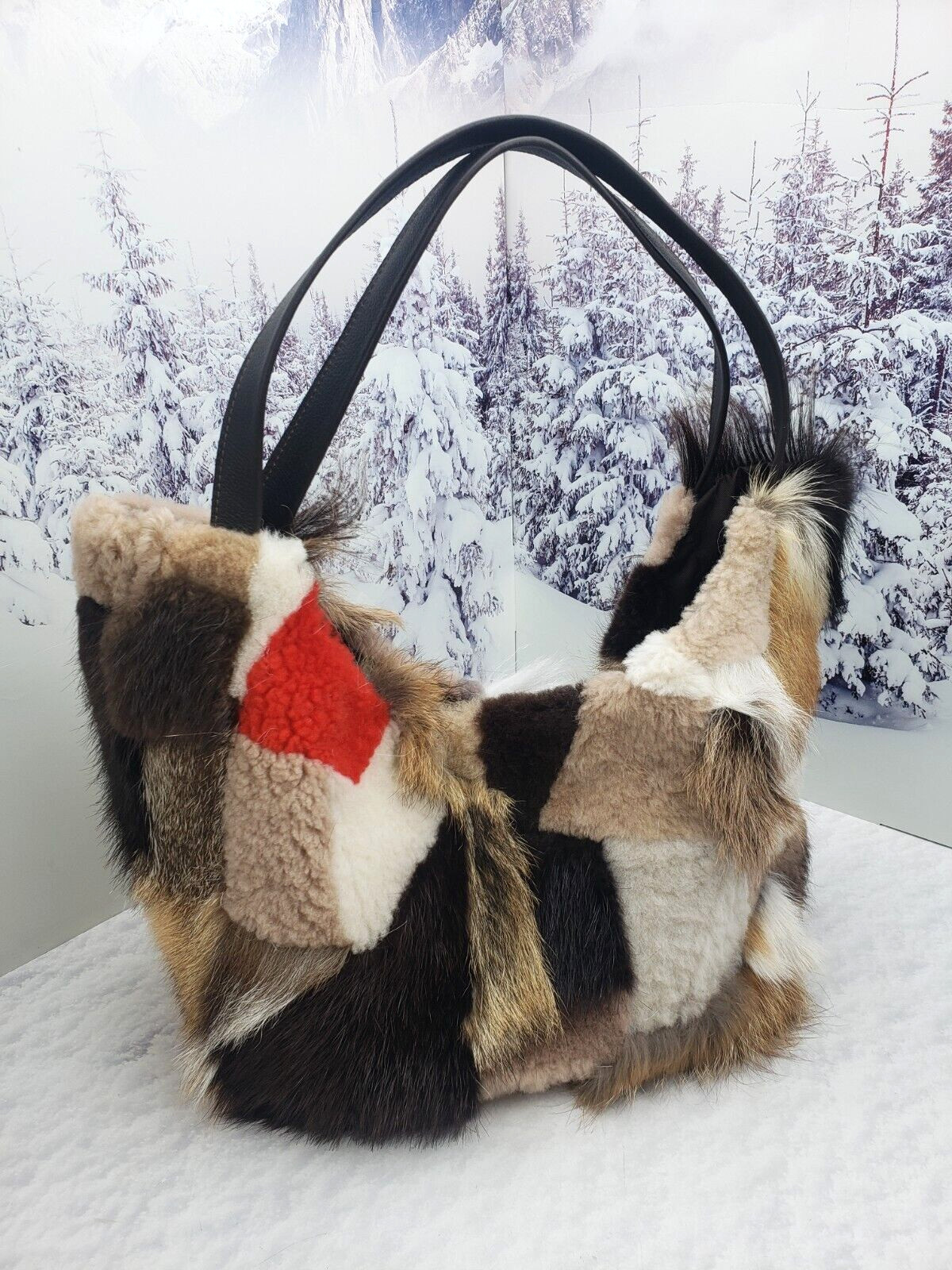 Real fur tote bag Patchwork Big fur shopper bag Women purse Gift for women