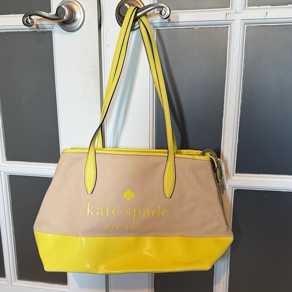 Kate Spade New York Beige Yellow Tote Zip Double Handles Gold Hardware Logo