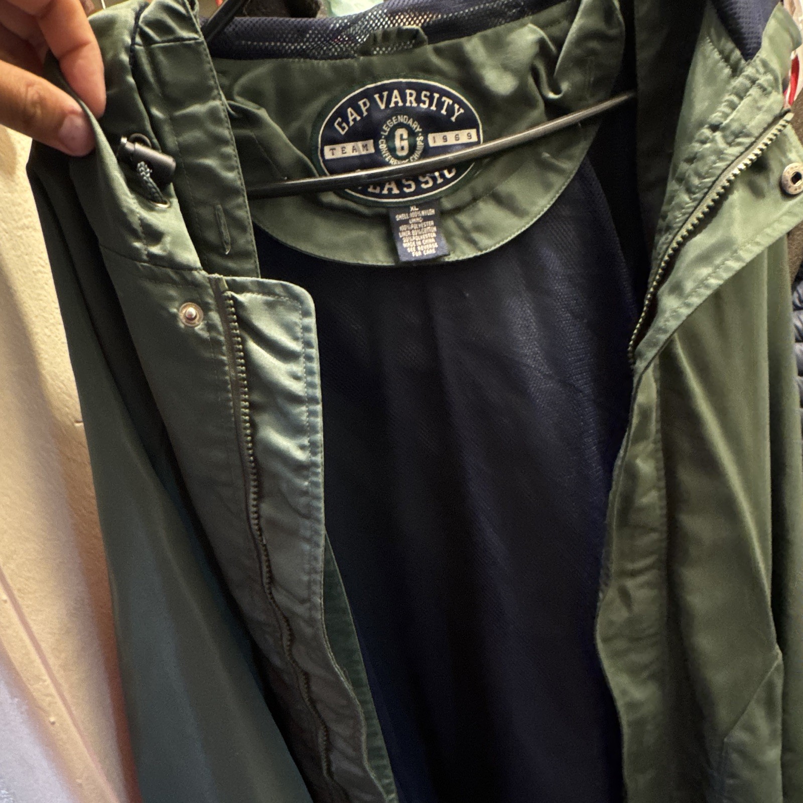 Gap Men’s Green Hooded Mid-Length Parka Jacket Zip/Snap Pockets XL
