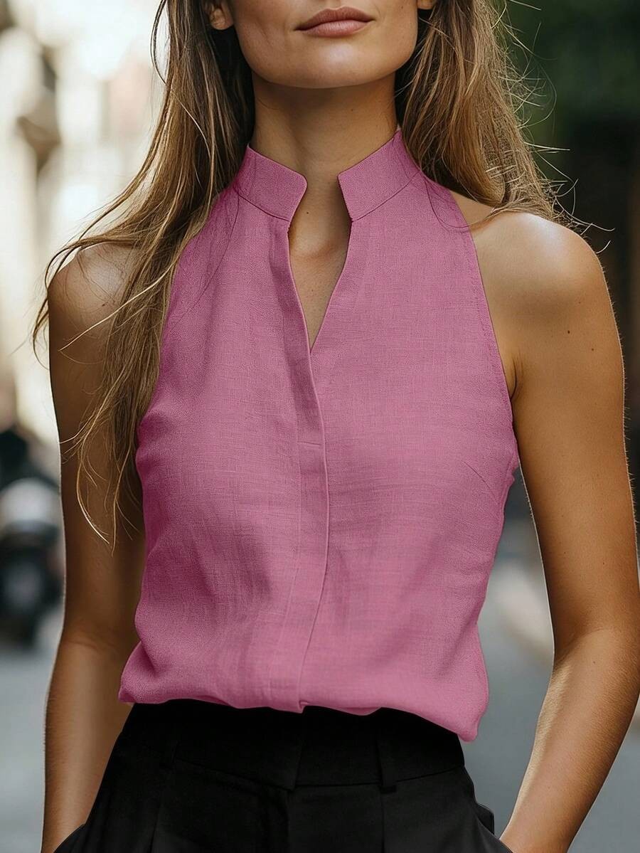 Notched Neck Tank Top Button Casual Sleeveless Linen Look Blouse Shirt New